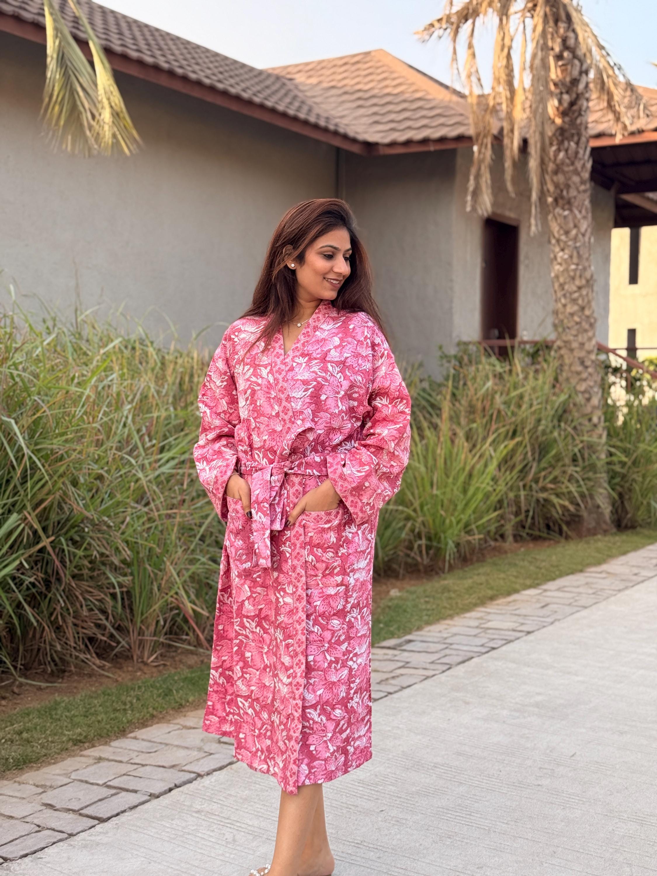 Hand Block Print Waffle Cotton Bathrobe, Lightweight Spa Robe, Natural Dye Kimono Robe, Handmade Unisex Bathrobe, Sustainable Loungewear