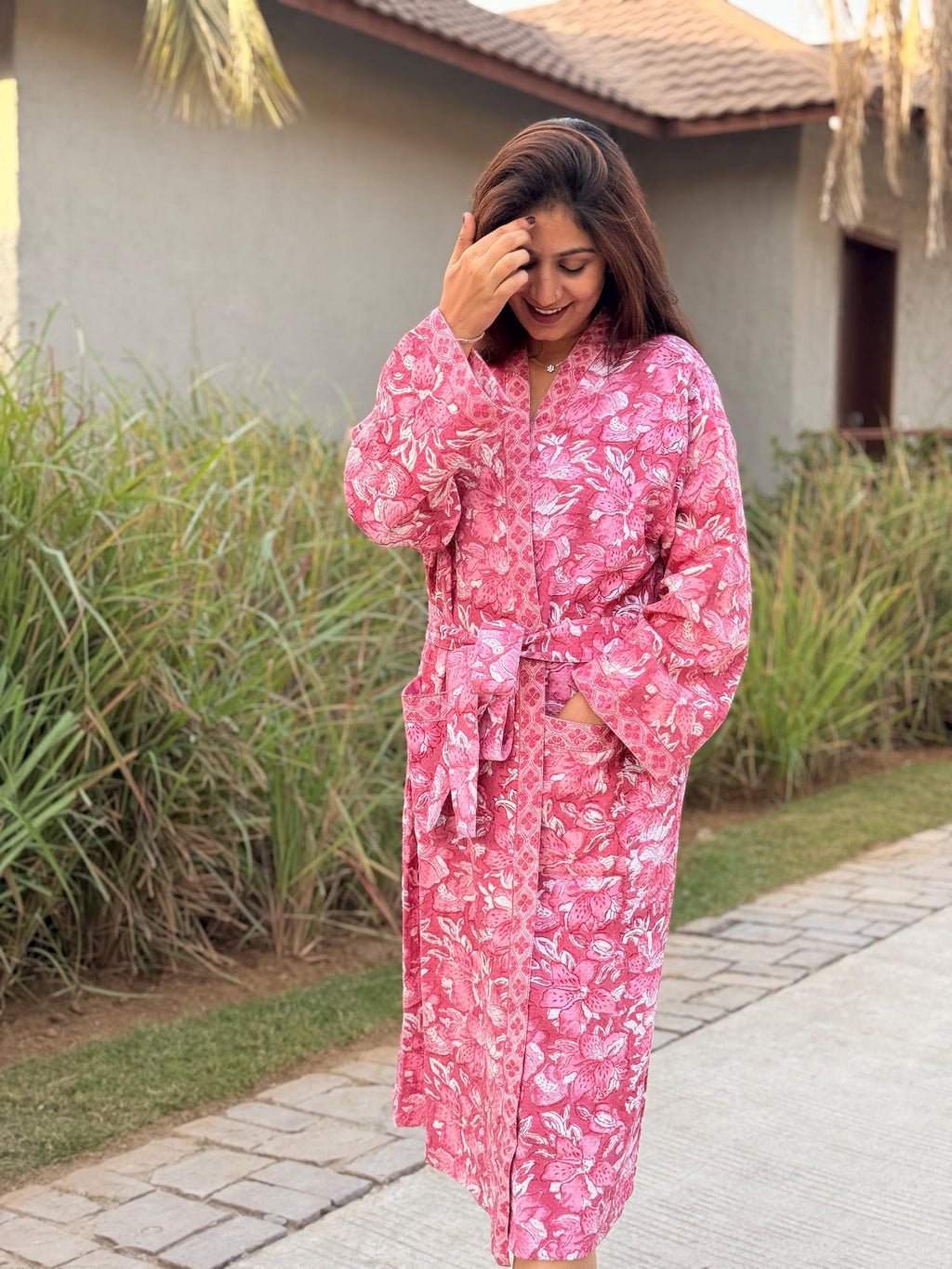 Hand Block Print Waffle Cotton Bathrobe, Lightweight Spa Robe, Natural Dye Kimono Robe, Handmade Unisex Bathrobe, Sustainable Loungewear
