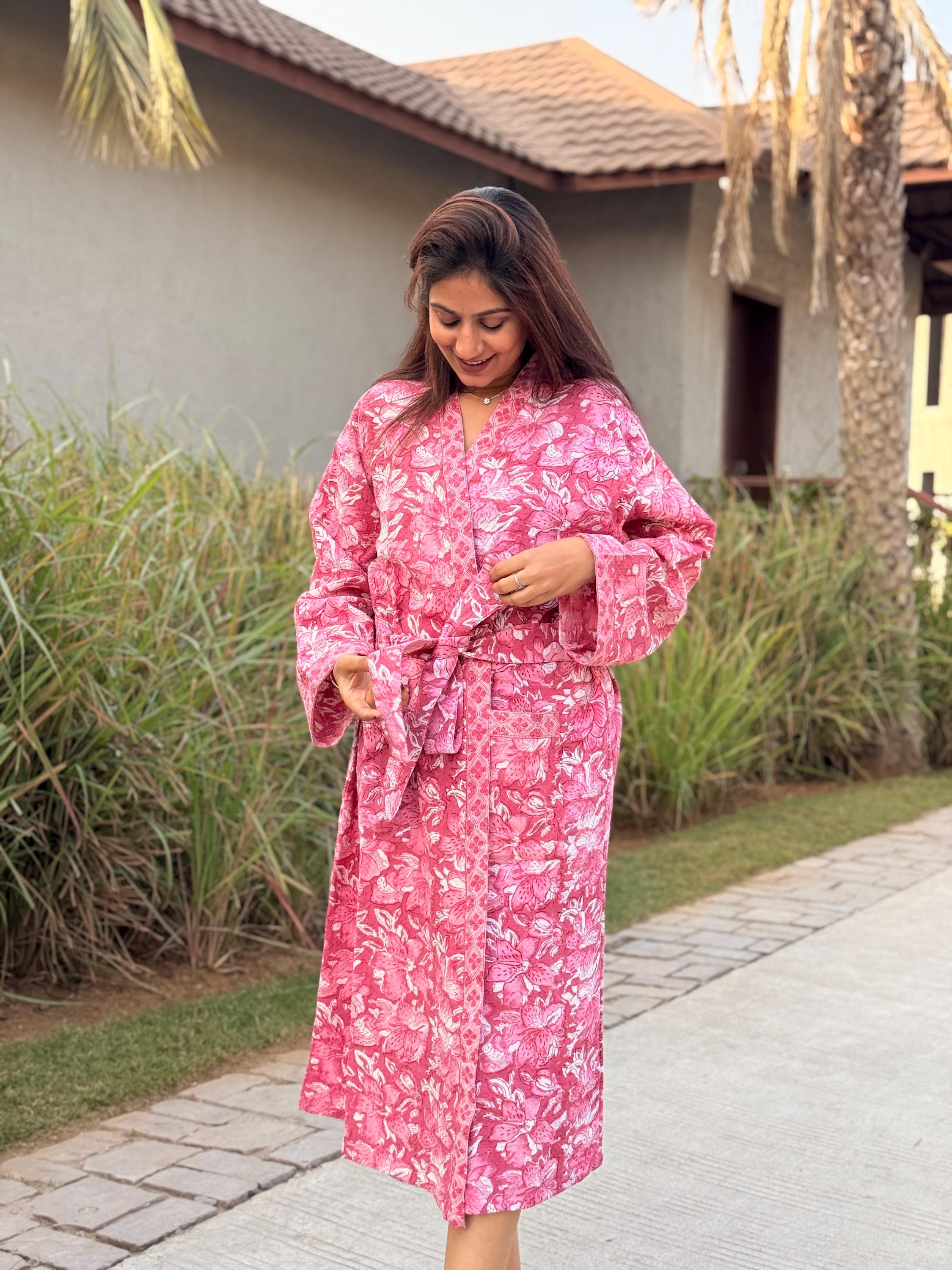 Hand Block Print Waffle Cotton Bathrobe, Lightweight Spa Robe, Natural Dye Kimono Robe, Handmade Unisex Bathrobe, Sustainable Loungewear