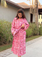 Hand Block Print Waffle Cotton Bathrobe, Lightweight Spa Robe, Natural Dye Kimono Robe, Handmade Unisex Bathrobe, Sustainable Loungewear
