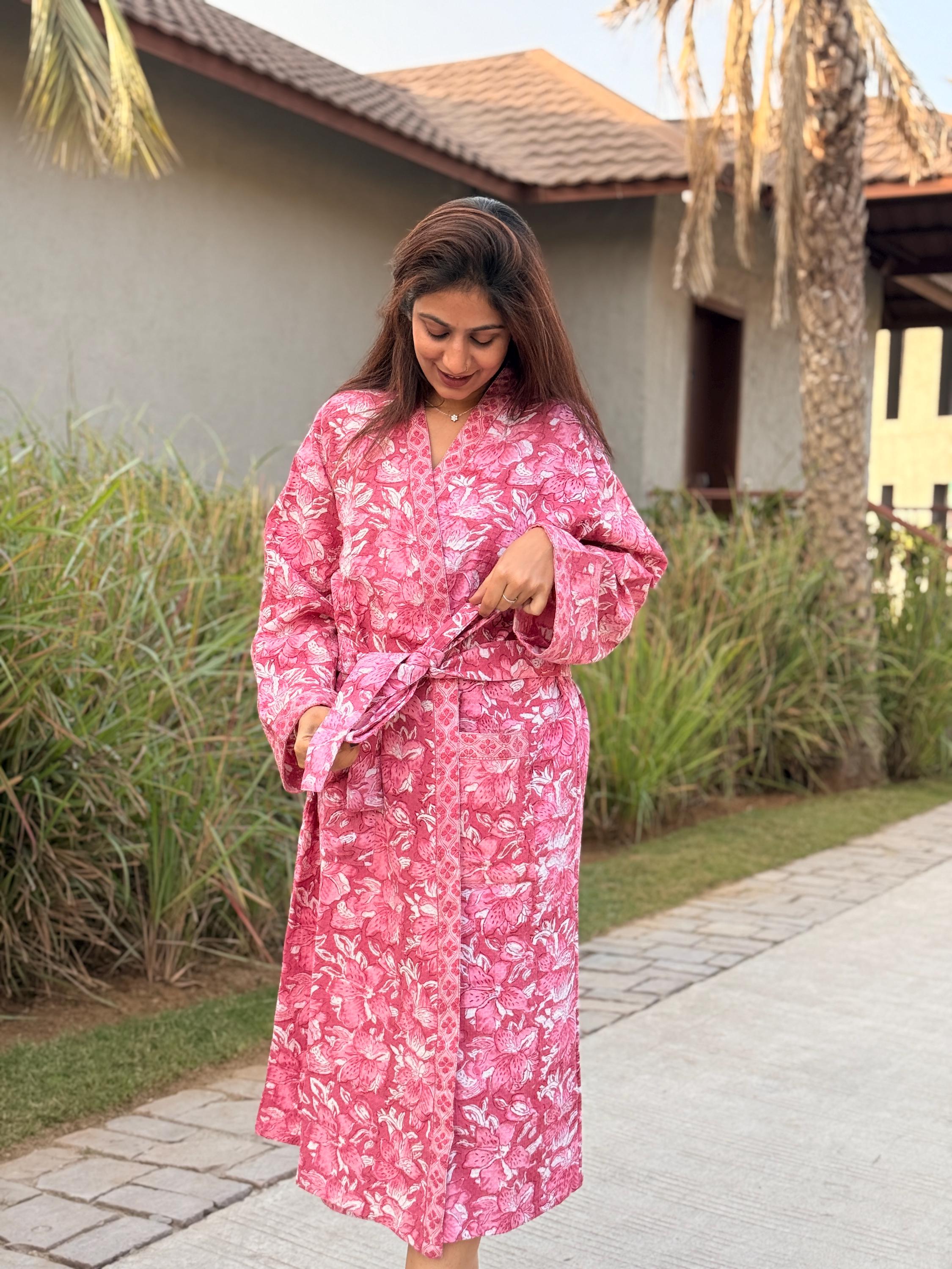 Hand Block Print Waffle Cotton Bathrobe, Lightweight Spa Robe, Natural Dye Kimono Robe, Handmade Unisex Bathrobe, Sustainable Loungewear