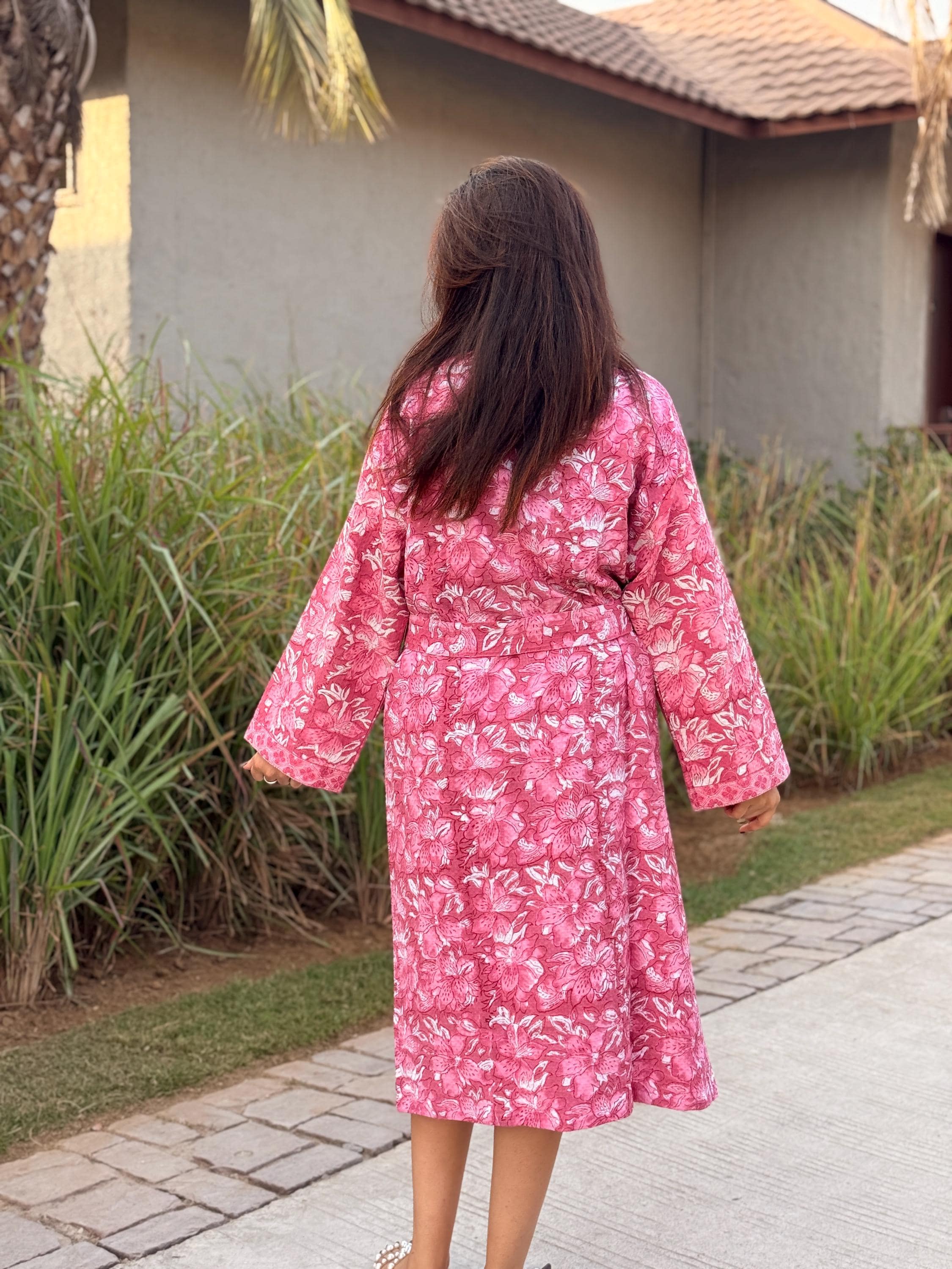 Hand Block Print Waffle Cotton Bathrobe, Lightweight Spa Robe, Natural Dye Kimono Robe, Handmade Unisex Bathrobe, Sustainable Loungewear