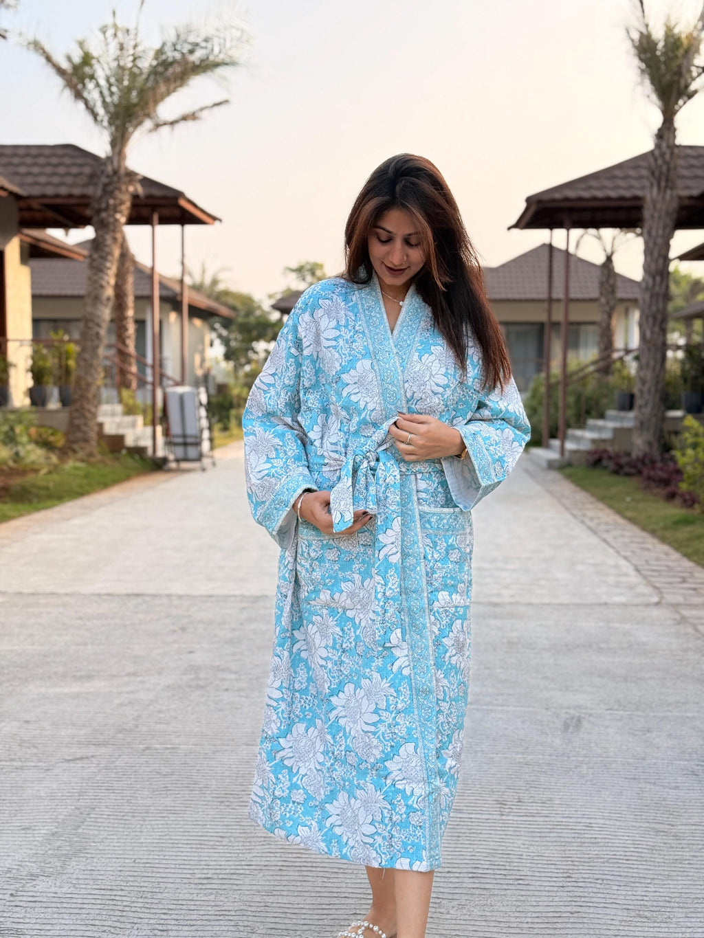 Hand Block Print Waffle Cotton Bathrobe, Lightweight Spa Robe, Natural Dye Kimono Robe, Handmade Unisex Bathrobe, Sustainable Loungewear