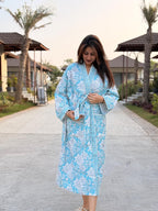 Hand Block Print Waffle Cotton Bathrobe, Lightweight Spa Robe, Natural Dye Kimono Robe, Handmade Unisex Bathrobe, Sustainable Loungewear