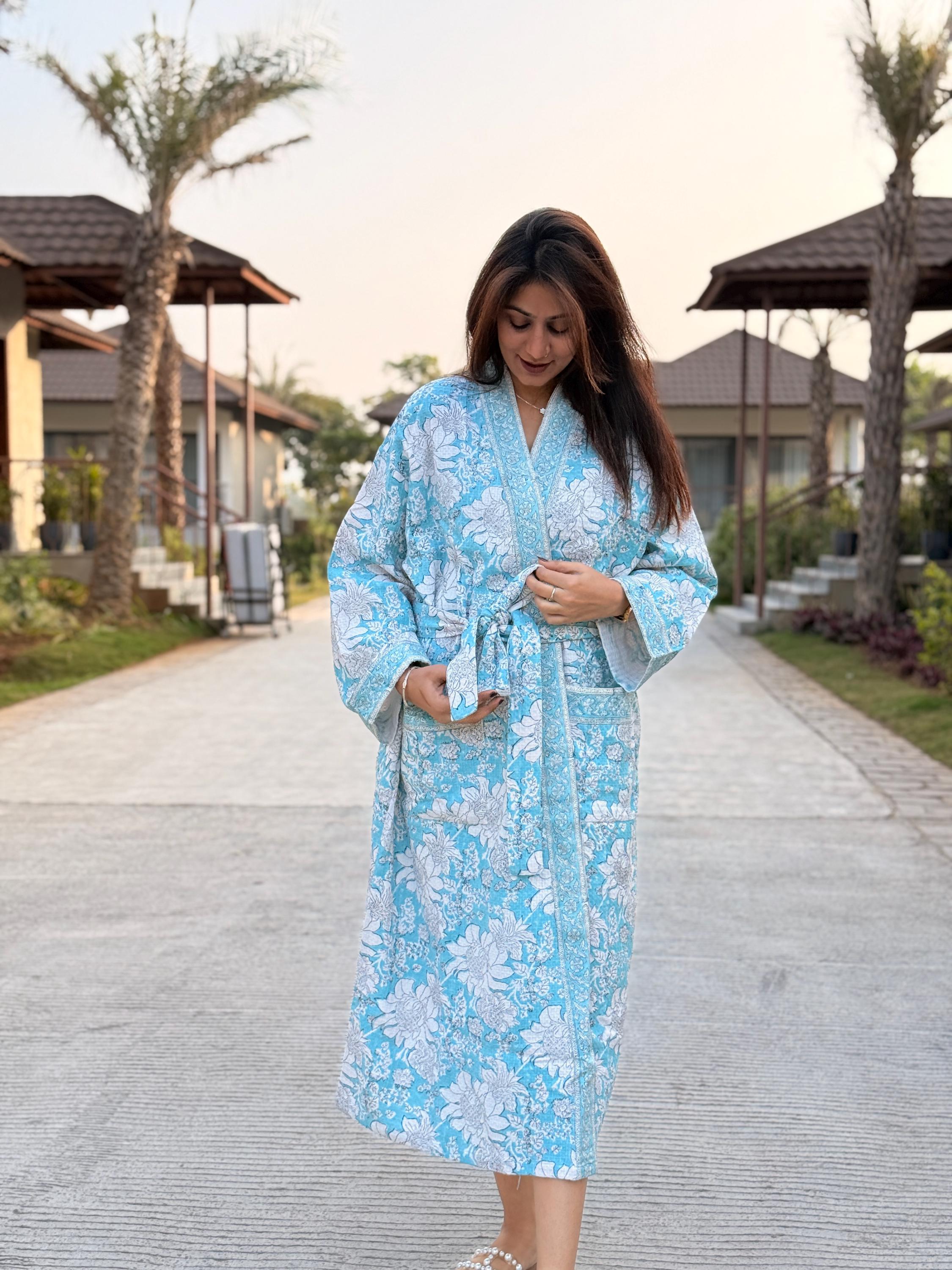 Hand Block Print Waffle Cotton Bathrobe, Lightweight Spa Robe, Natural Dye Kimono Robe, Handmade Unisex Bathrobe, Sustainable Loungewear