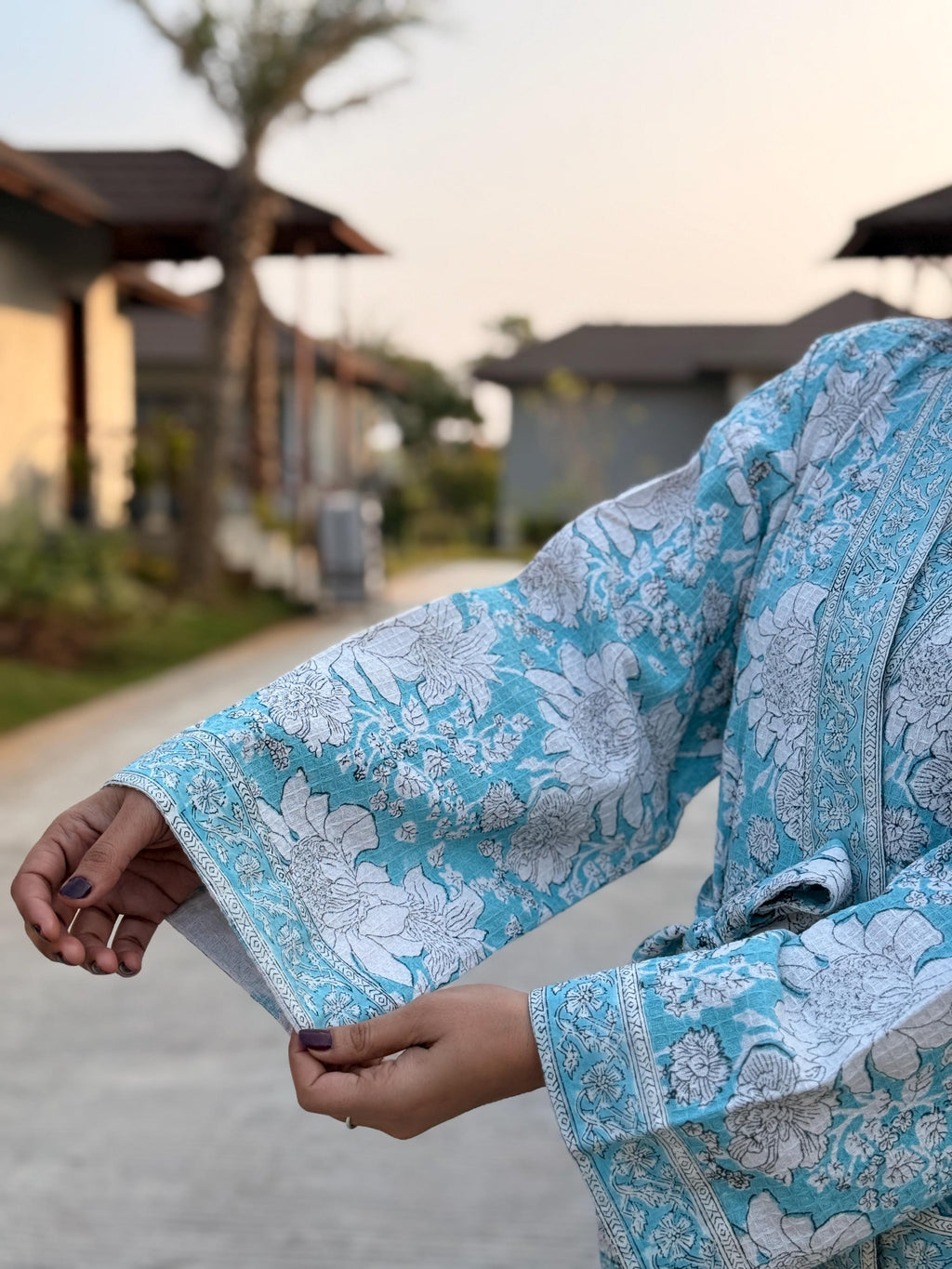 Hand Block Print Waffle Cotton Bathrobe, Lightweight Spa Robe, Natural Dye Kimono Robe, Handmade Unisex Bathrobe, Sustainable Loungewear
