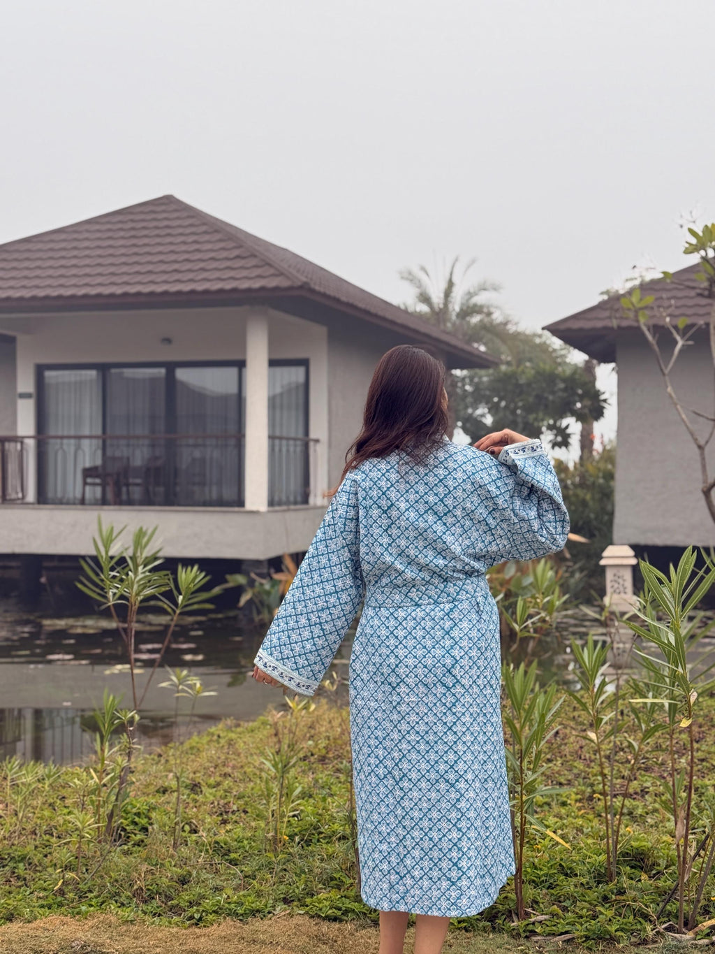 Hand Block Print Waffle Cotton Bathrobe, Lightweight Spa Robe, Natural Dye Kimono Robe, Handmade Unisex Bathrobe, Sustainable Loungewear