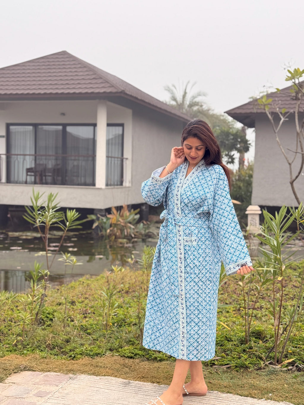 Hand Block Print Waffle Cotton Bathrobe, Lightweight Spa Robe, Natural Dye Kimono Robe, Handmade Unisex Bathrobe, Sustainable Loungewear