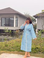 Hand Block Print Waffle Cotton Bathrobe, Lightweight Spa Robe, Natural Dye Kimono Robe, Handmade Unisex Bathrobe, Sustainable Loungewear