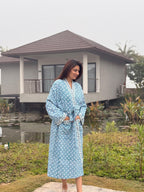 Hand Block Print Waffle Cotton Bathrobe, Lightweight Spa Robe, Natural Dye Kimono Robe, Handmade Unisex Bathrobe, Sustainable Loungewear