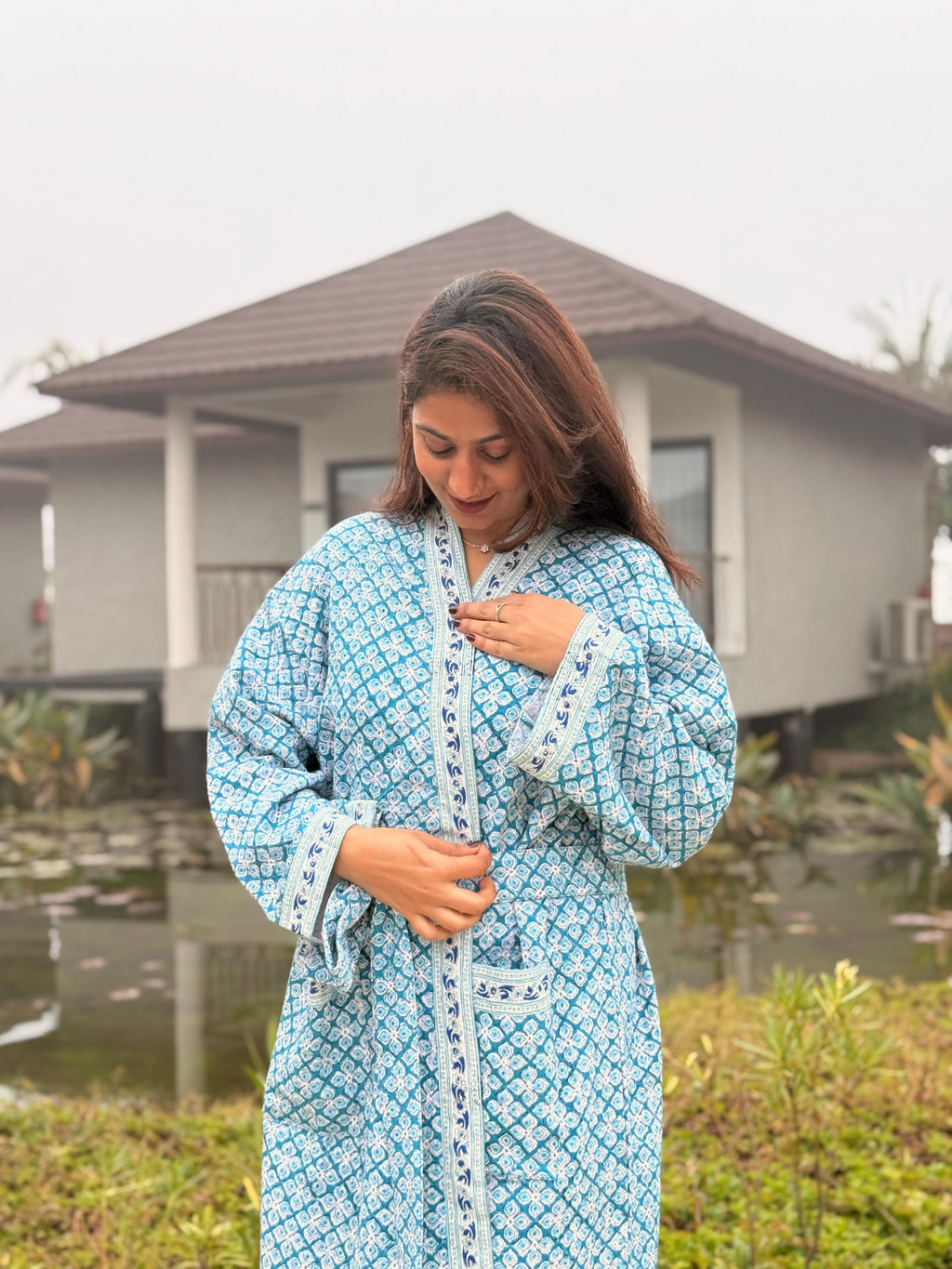 Hand Block Print Waffle Cotton Bathrobe, Lightweight Spa Robe, Natural Dye Kimono Robe, Handmade Unisex Bathrobe, Sustainable Loungewear