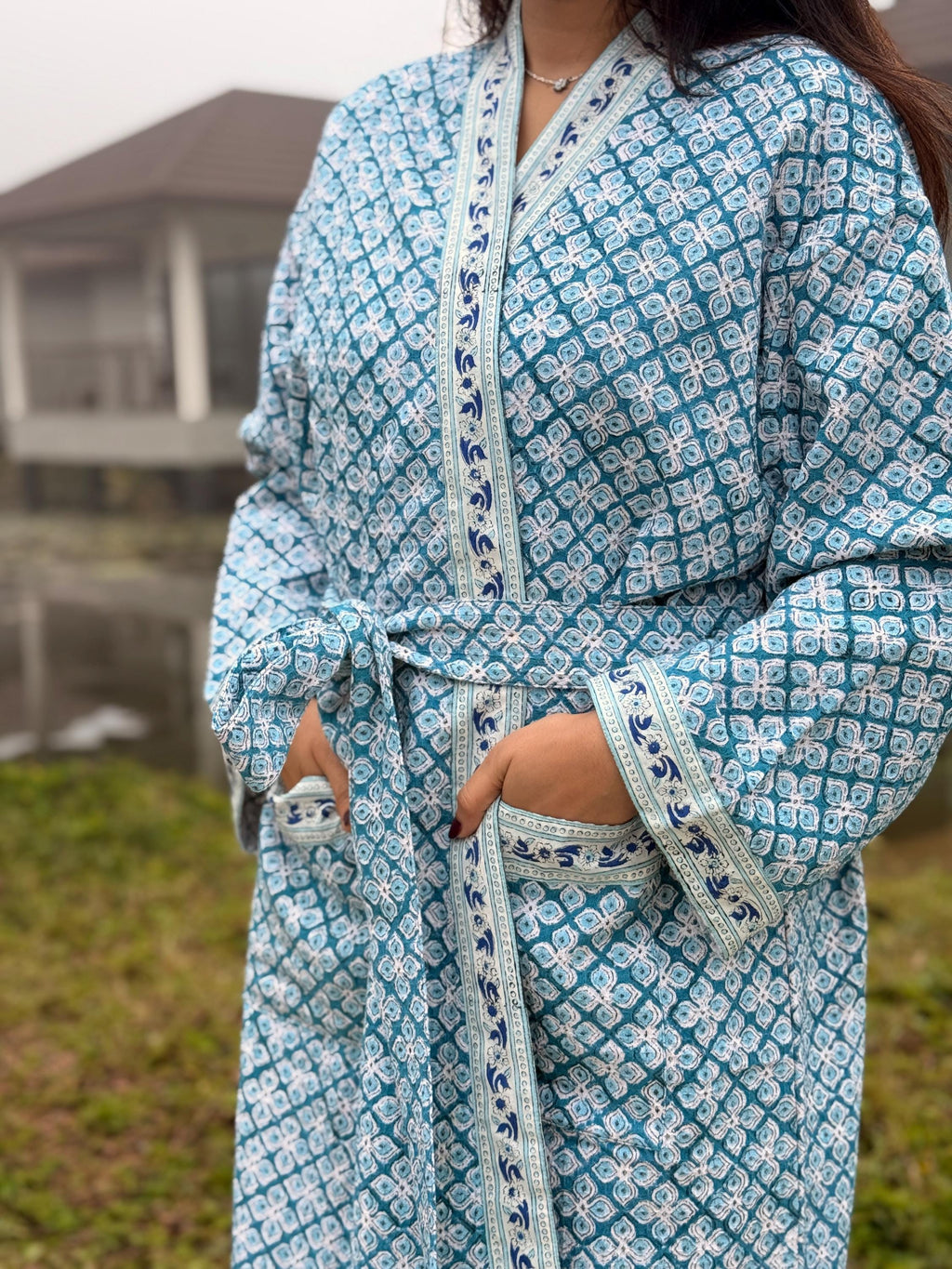 Hand Block Print Waffle Cotton Bathrobe, Lightweight Spa Robe, Natural Dye Kimono Robe, Handmade Unisex Bathrobe, Sustainable Loungewear