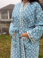 Hand Block Print Waffle Cotton Bathrobe, Lightweight Spa Robe, Natural Dye Kimono Robe, Handmade Unisex Bathrobe, Sustainable Loungewear