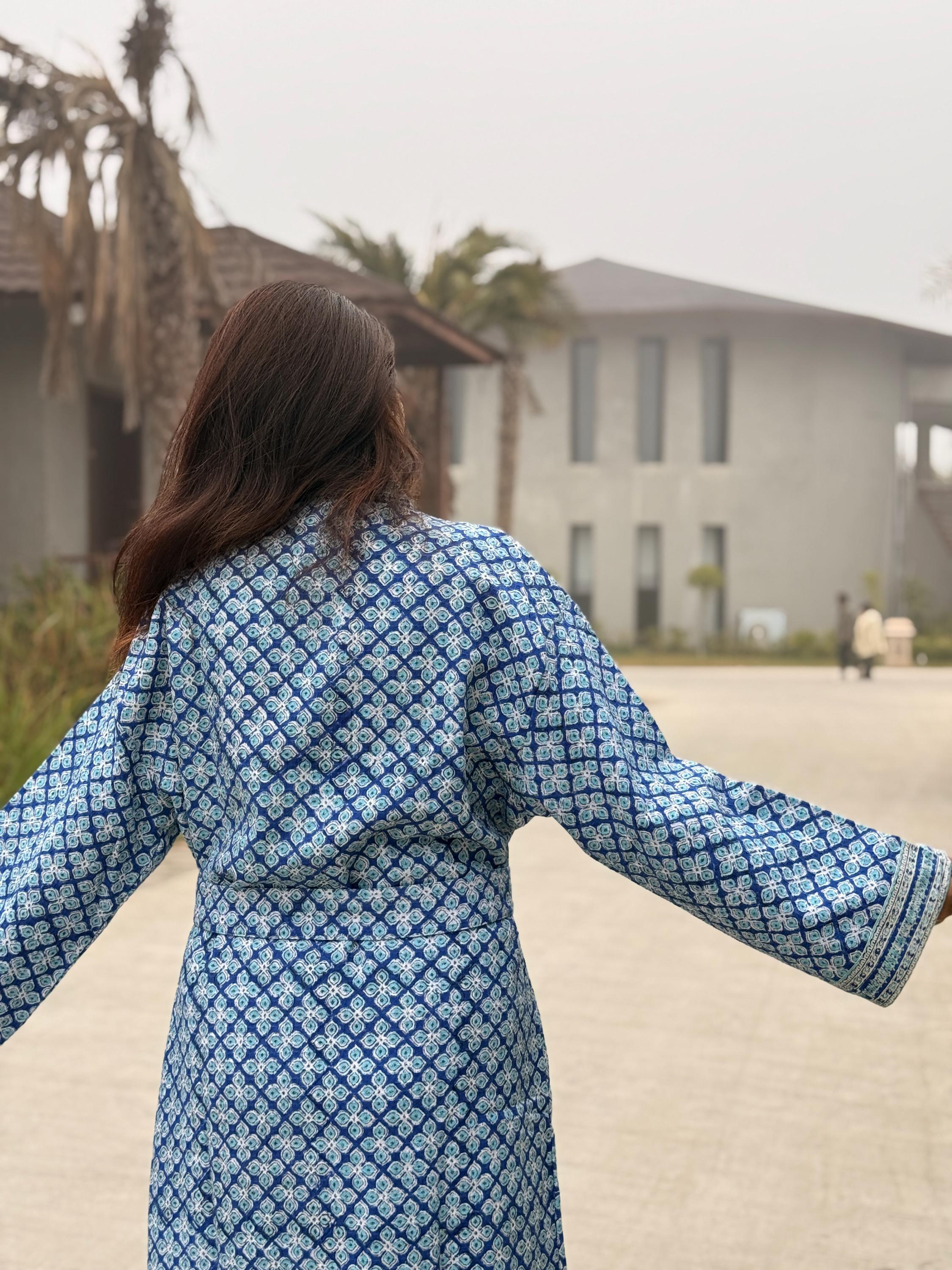 Hand Block Print Waffle Cotton Bathrobe, Lightweight Spa Robe, Natural Dye Kimono Robe, Handmade Unisex Bathrobe, Sustainable Loungewear