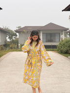 Hand Block Print Waffle Cotton Bathrobe, Lightweight Spa Robe, Natural Dye Kimono Robe, Handmade Unisex Bathrobe, Sustainable Loungewear