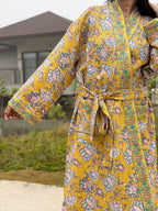 Hand Block Print Waffle Cotton Bathrobe, Lightweight Spa Robe, Natural Dye Kimono Robe, Handmade Unisex Bathrobe, Sustainable Loungewear