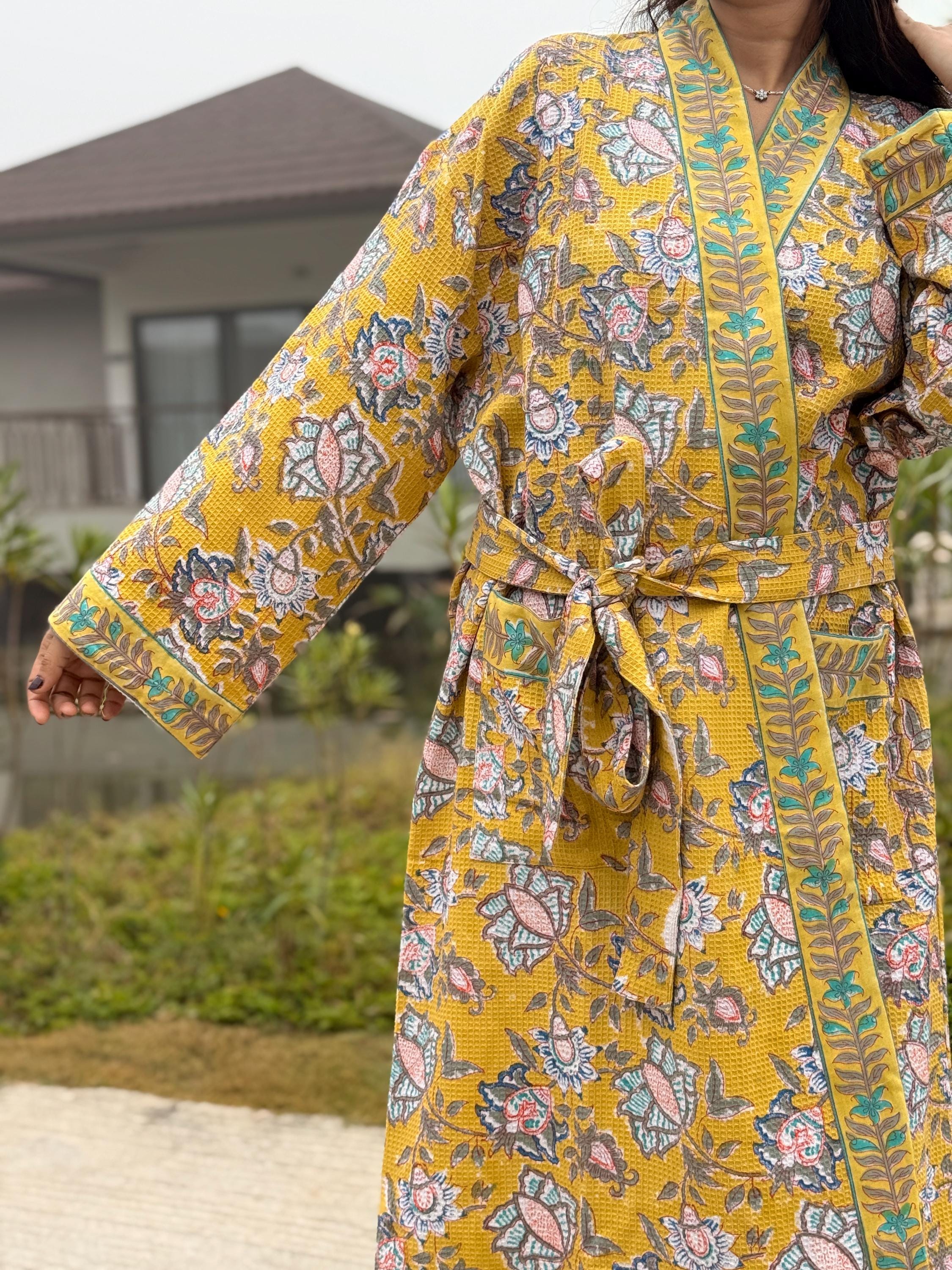 Hand Block Print Waffle Cotton Bathrobe, Lightweight Spa Robe, Natural Dye Kimono Robe, Handmade Unisex Bathrobe, Sustainable Loungewear