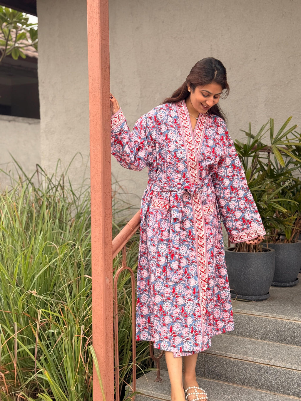 Hand Block Print Waffle Cotton Bathrobe, Lightweight Spa Robe, Natural Dye Kimono Robe, Handmade Unisex Bathrobe, Sustainable Loungewear