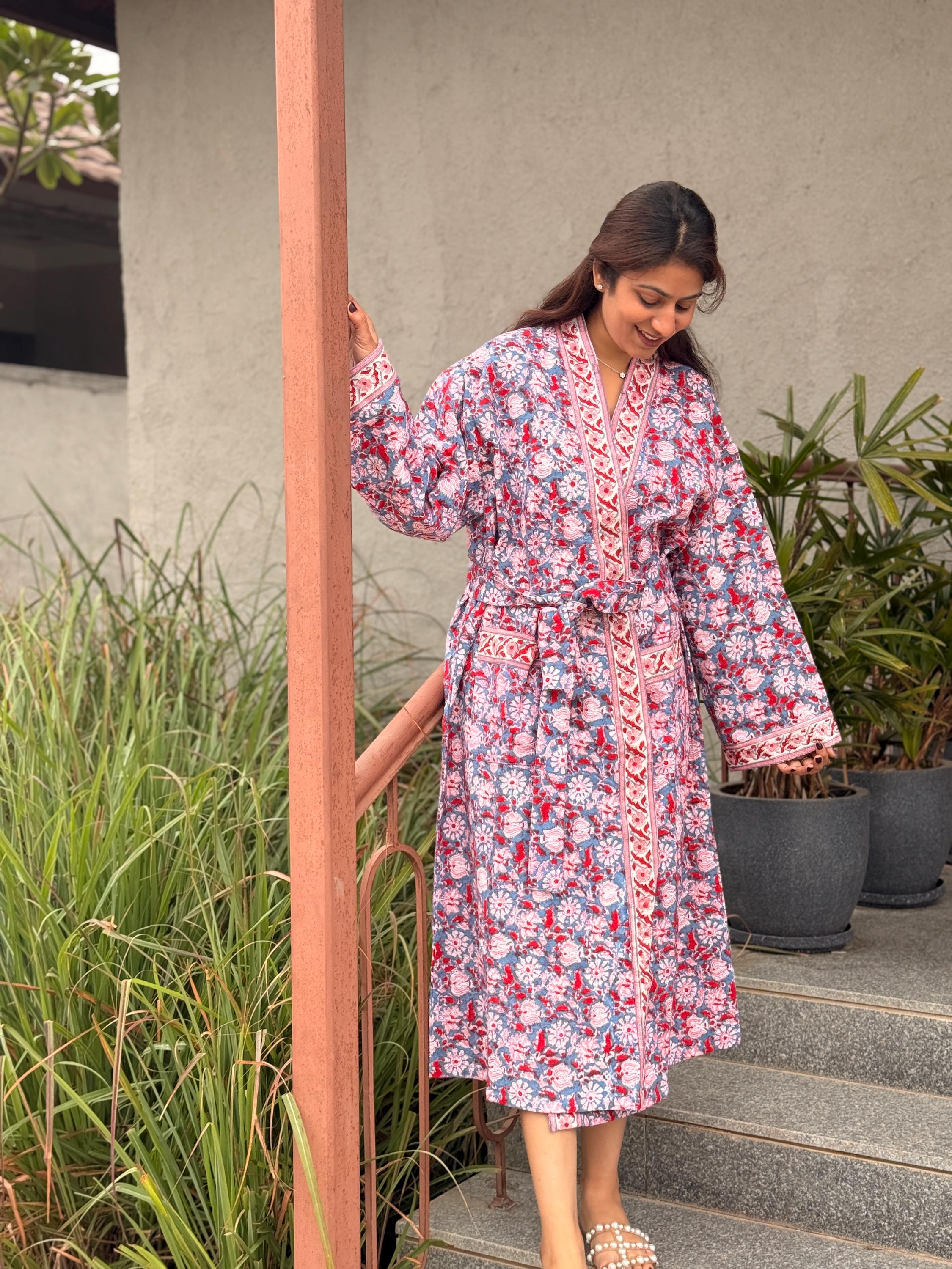 Hand Block Print Waffle Cotton Bathrobe, Lightweight Spa Robe, Natural Dye Kimono Robe, Handmade Unisex Bathrobe, Sustainable Loungewear
