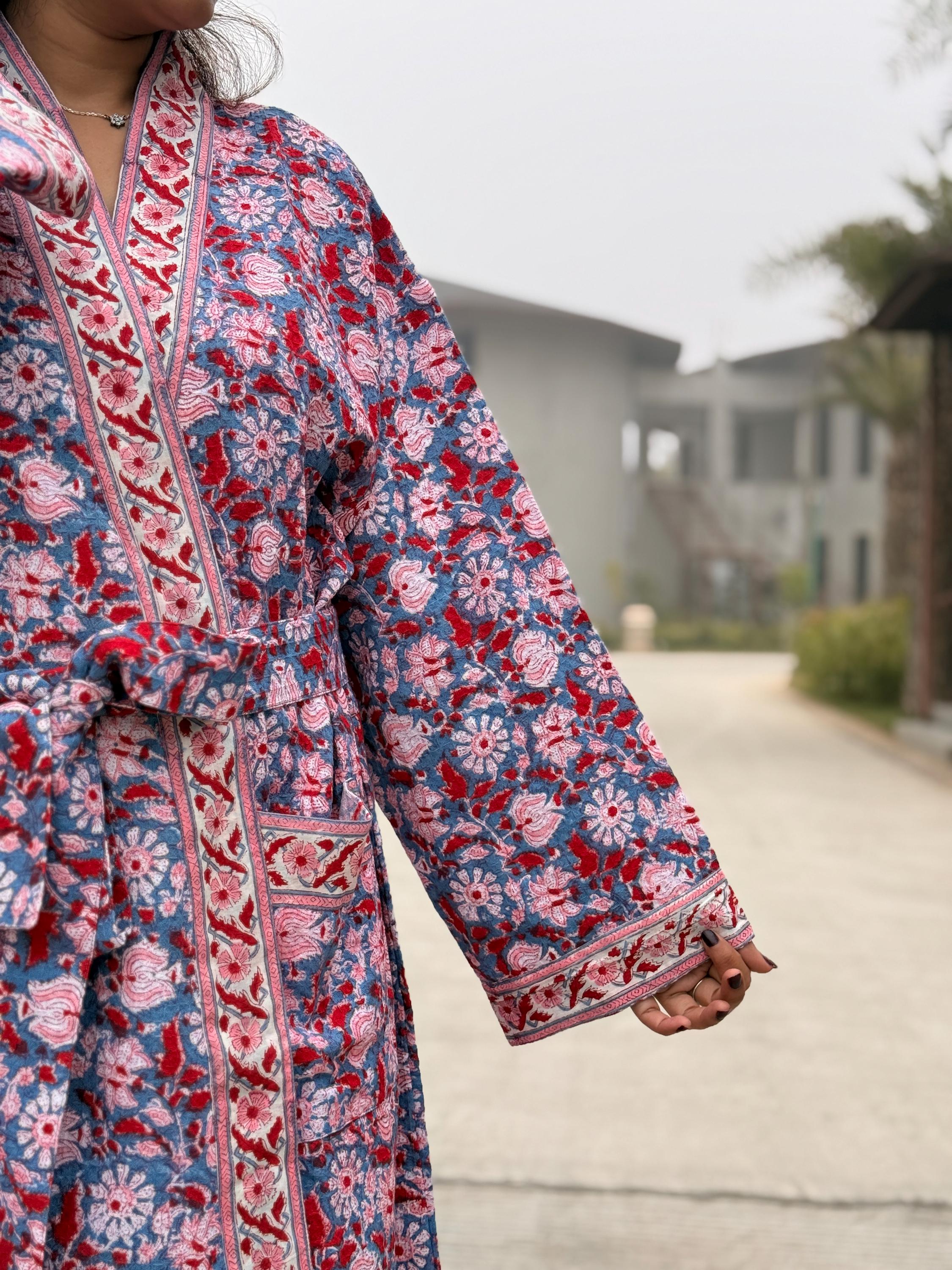 Hand Block Print Waffle Cotton Bathrobe, Lightweight Spa Robe, Natural Dye Kimono Robe, Handmade Unisex Bathrobe, Sustainable Loungewear