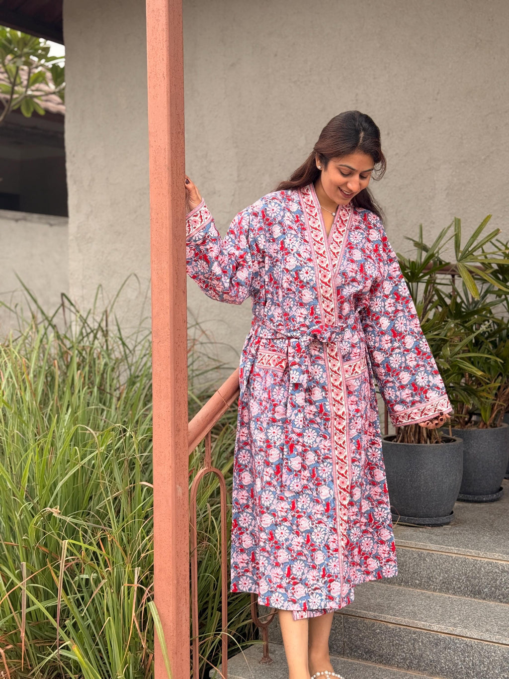 Hand Block Print Waffle Cotton Bathrobe, Lightweight Spa Robe, Natural Dye Kimono Robe, Handmade Unisex Bathrobe, Sustainable Loungewear