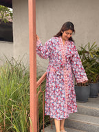 Hand Block Print Waffle Cotton Bathrobe, Lightweight Spa Robe, Natural Dye Kimono Robe, Handmade Unisex Bathrobe, Sustainable Loungewear