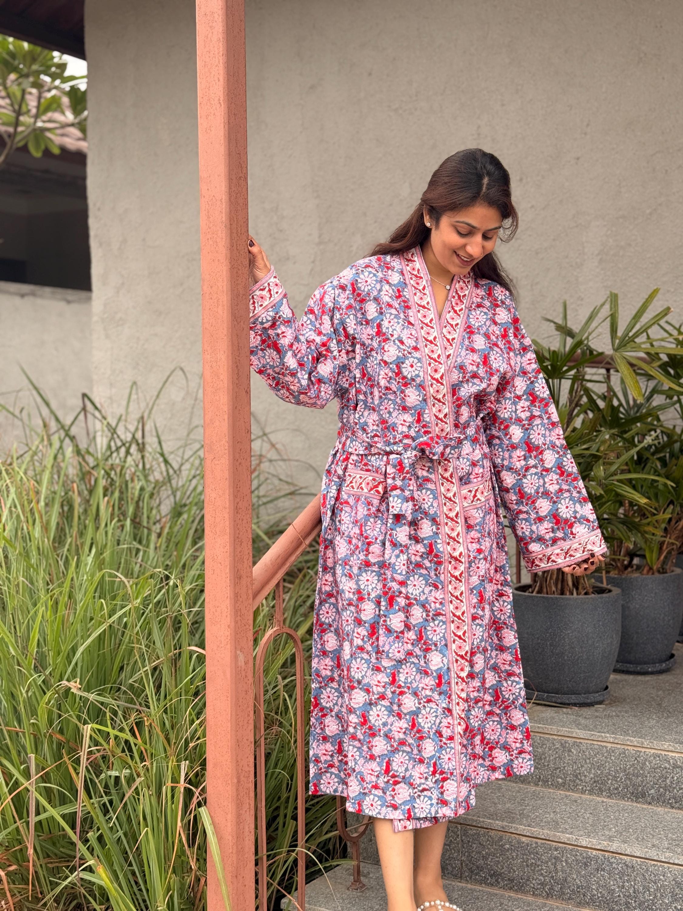 Hand Block Print Waffle Cotton Bathrobe, Lightweight Spa Robe, Natural Dye Kimono Robe, Handmade Unisex Bathrobe, Sustainable Loungewear