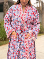 Hand Block Print Waffle Cotton Bathrobe, Lightweight Spa Robe, Natural Dye Kimono Robe, Handmade Unisex Bathrobe, Sustainable Loungewear