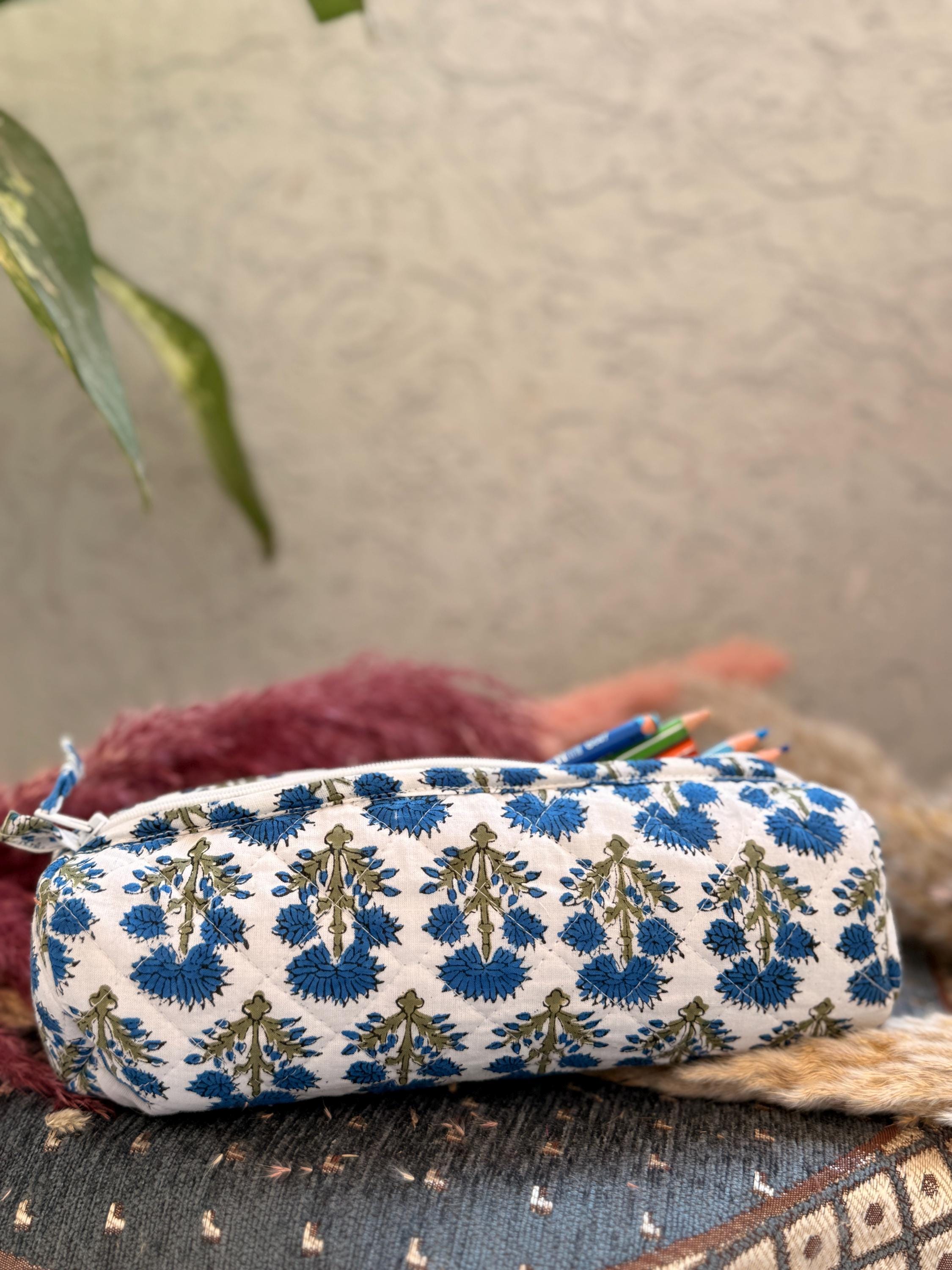 Hand Block Print Pencil Case, Cotton Stationery Pouch, Handmade Zipper Bag, Unique Gift for Students