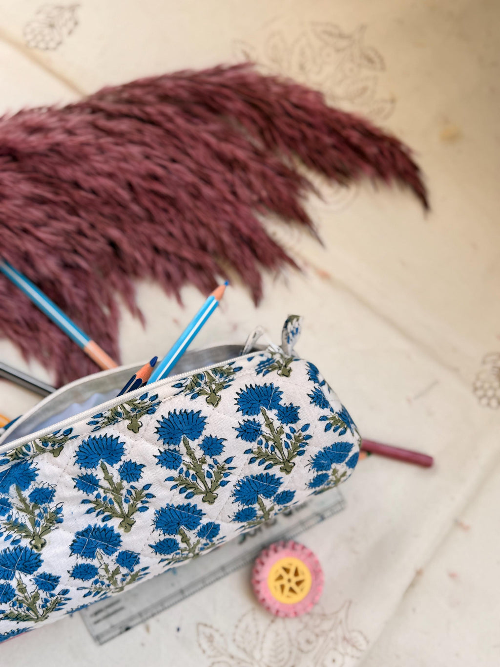 Hand Block Print Pencil Case, Cotton Stationery Pouch, Handmade Zipper Bag, Unique Gift for Students