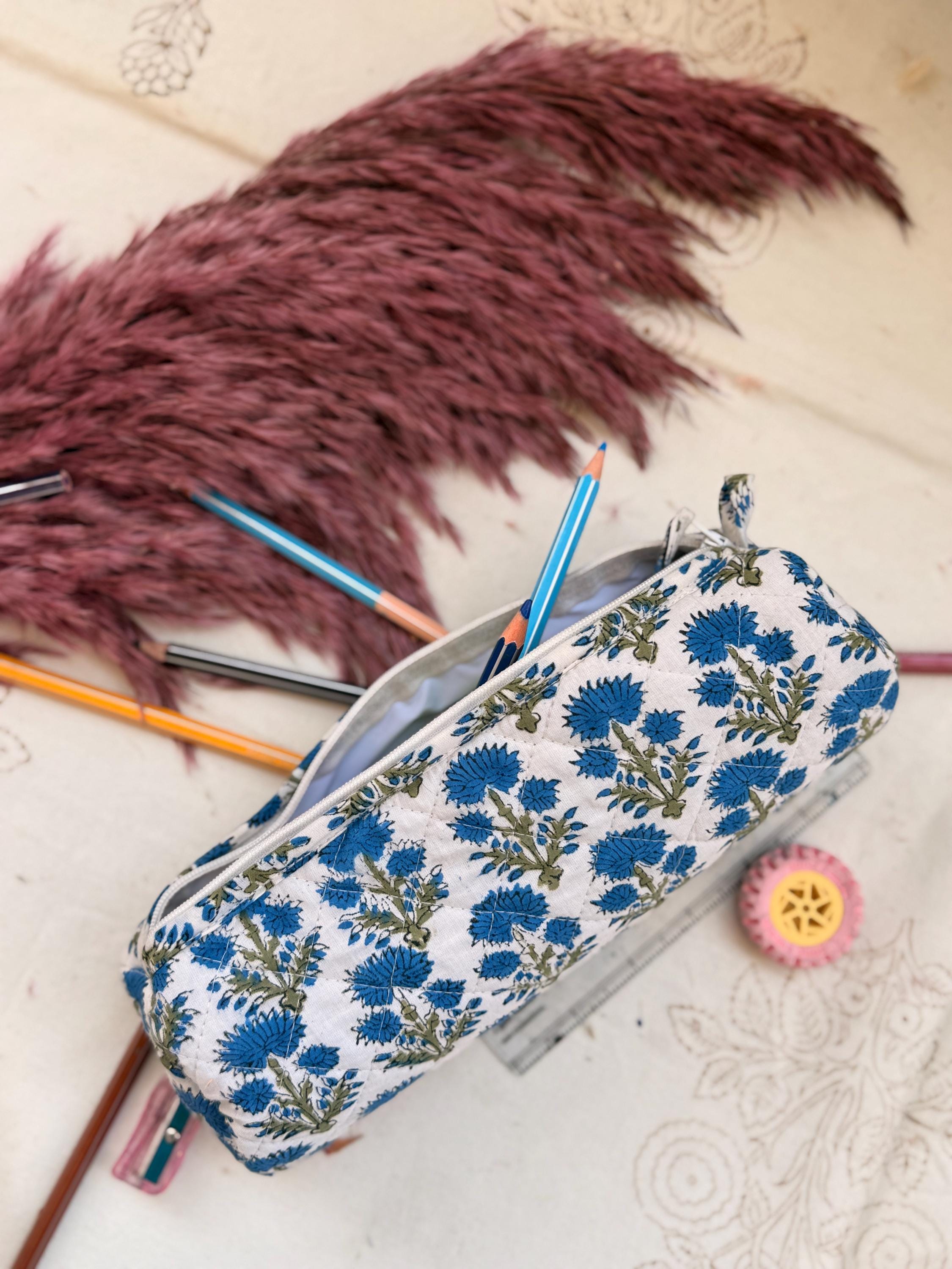 Hand Block Print Pencil Case, Cotton Stationery Pouch, Handmade Zipper Bag, Unique Gift for Students