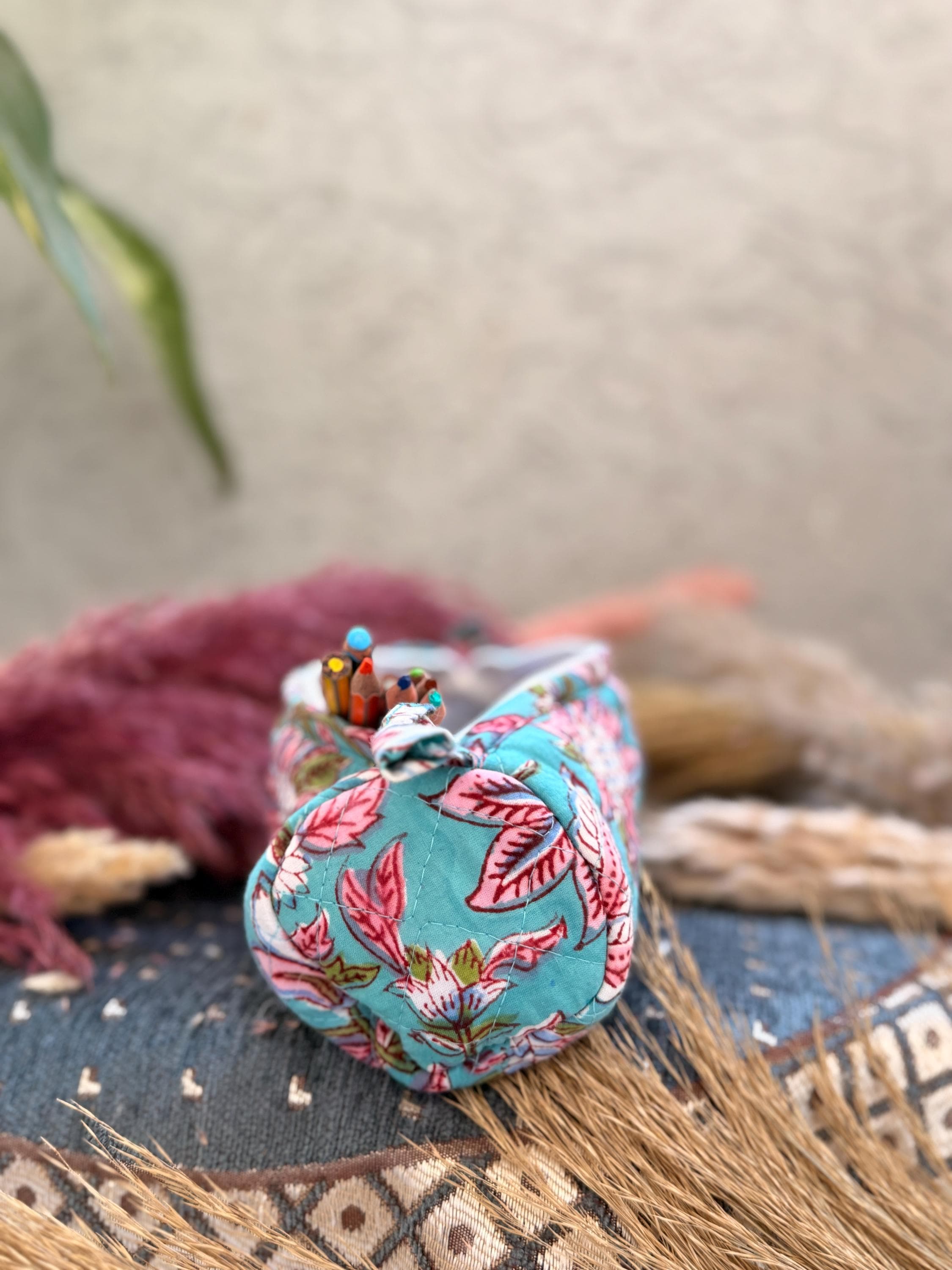 Hand Block Print Cotton Pencil Case, Handmade Zipper Pencil Bag, Stationery Pouch, Eco Friendly School Supplies Organizer