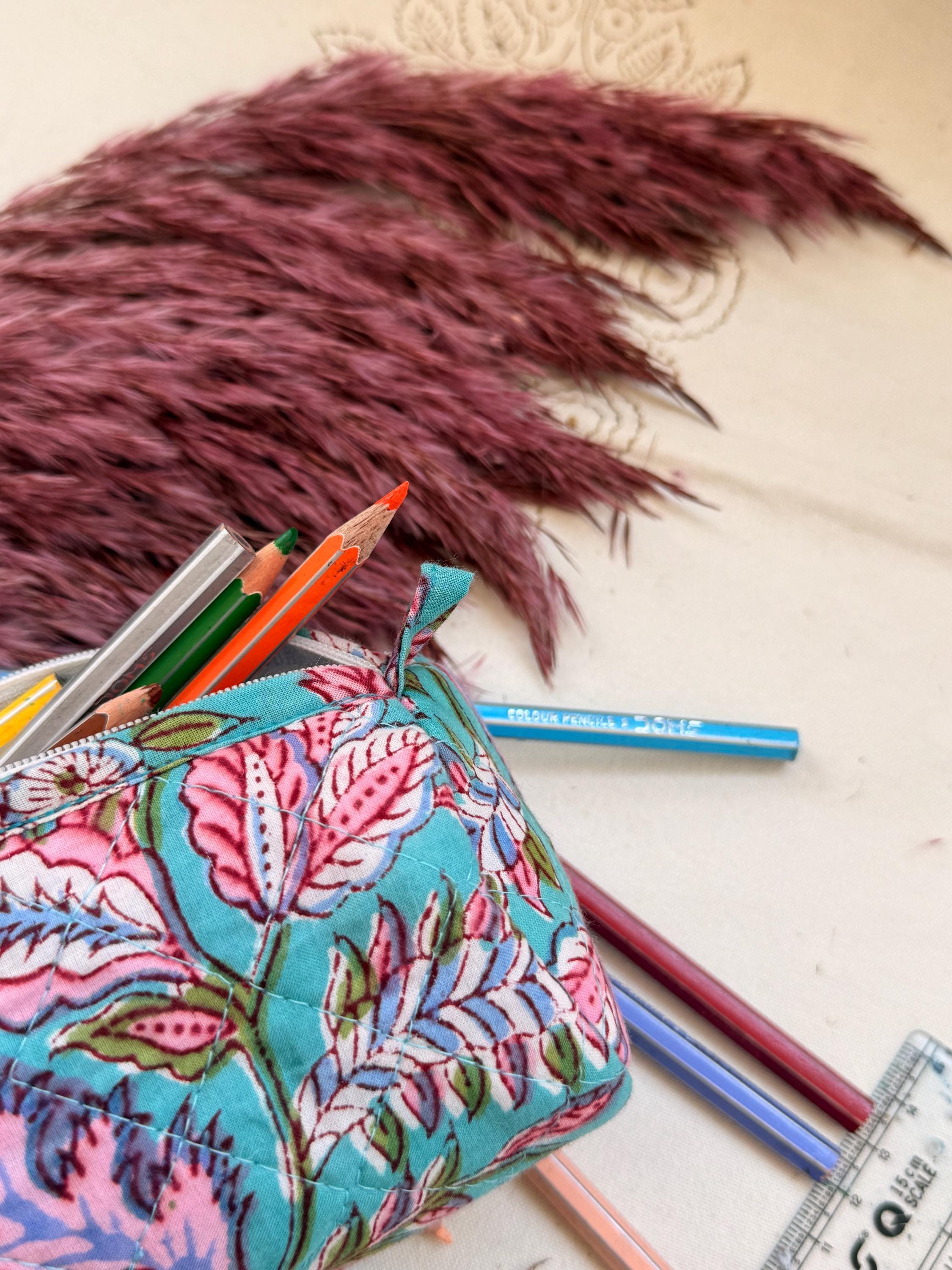 Hand Block Print Cotton Pencil Case, Handmade Zipper Pencil Bag, Stationery Pouch, Eco Friendly School Supplies Organizer