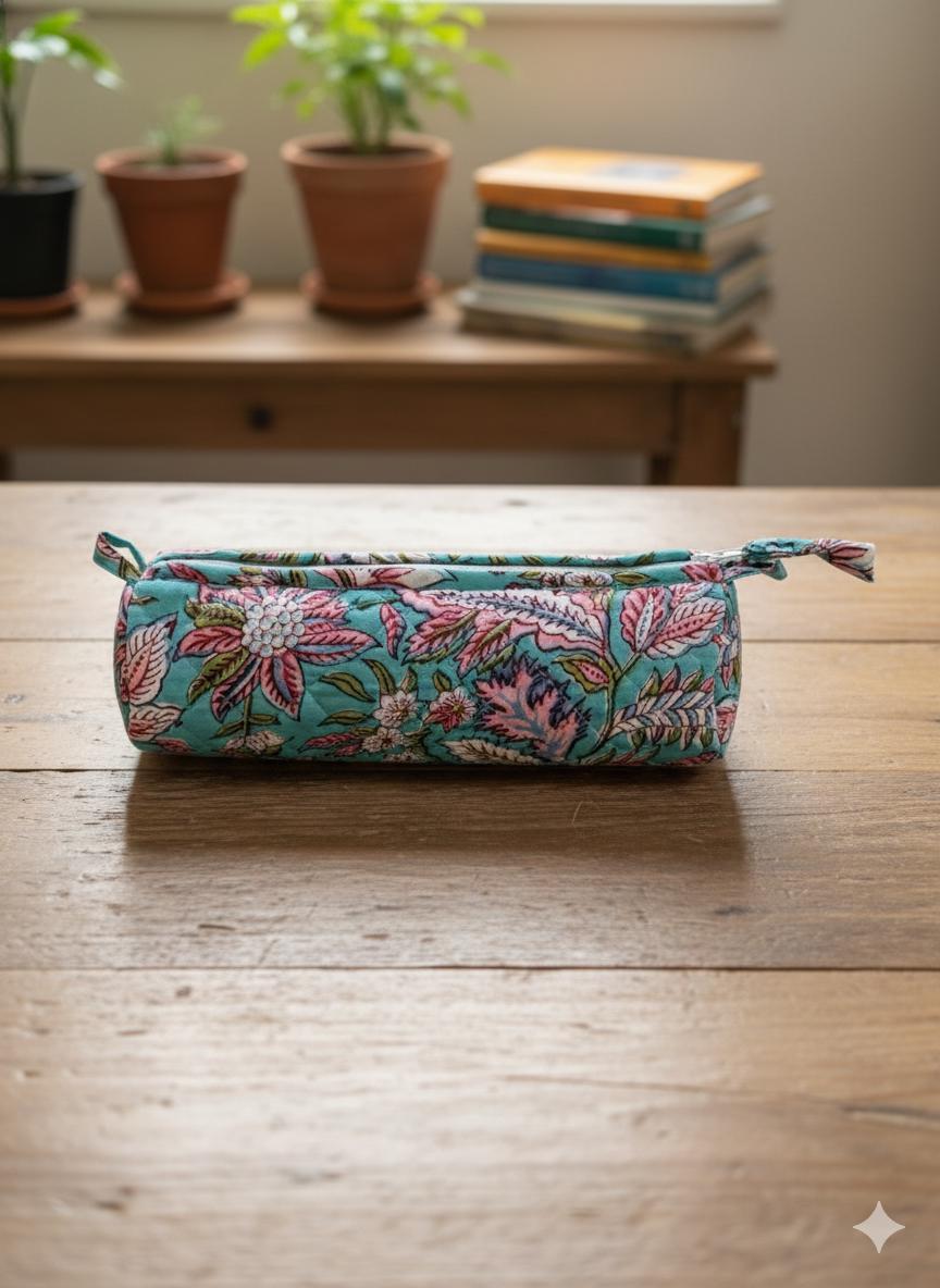 Hand Block Print Cotton Pencil Case, Handmade Zipper Pencil Bag, Stationery Pouch, Eco Friendly School Supplies Organizer