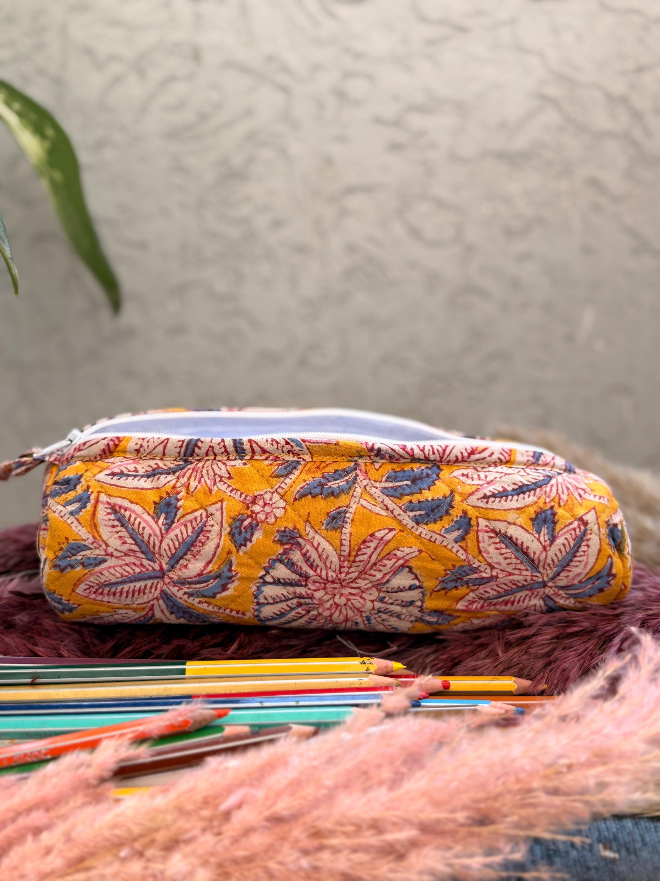 Hand Block Print Cotton Pencil Case, Handmade Zipper Pencil Bag, Stationery Pouch, Eco Friendly School Supplies Organizer