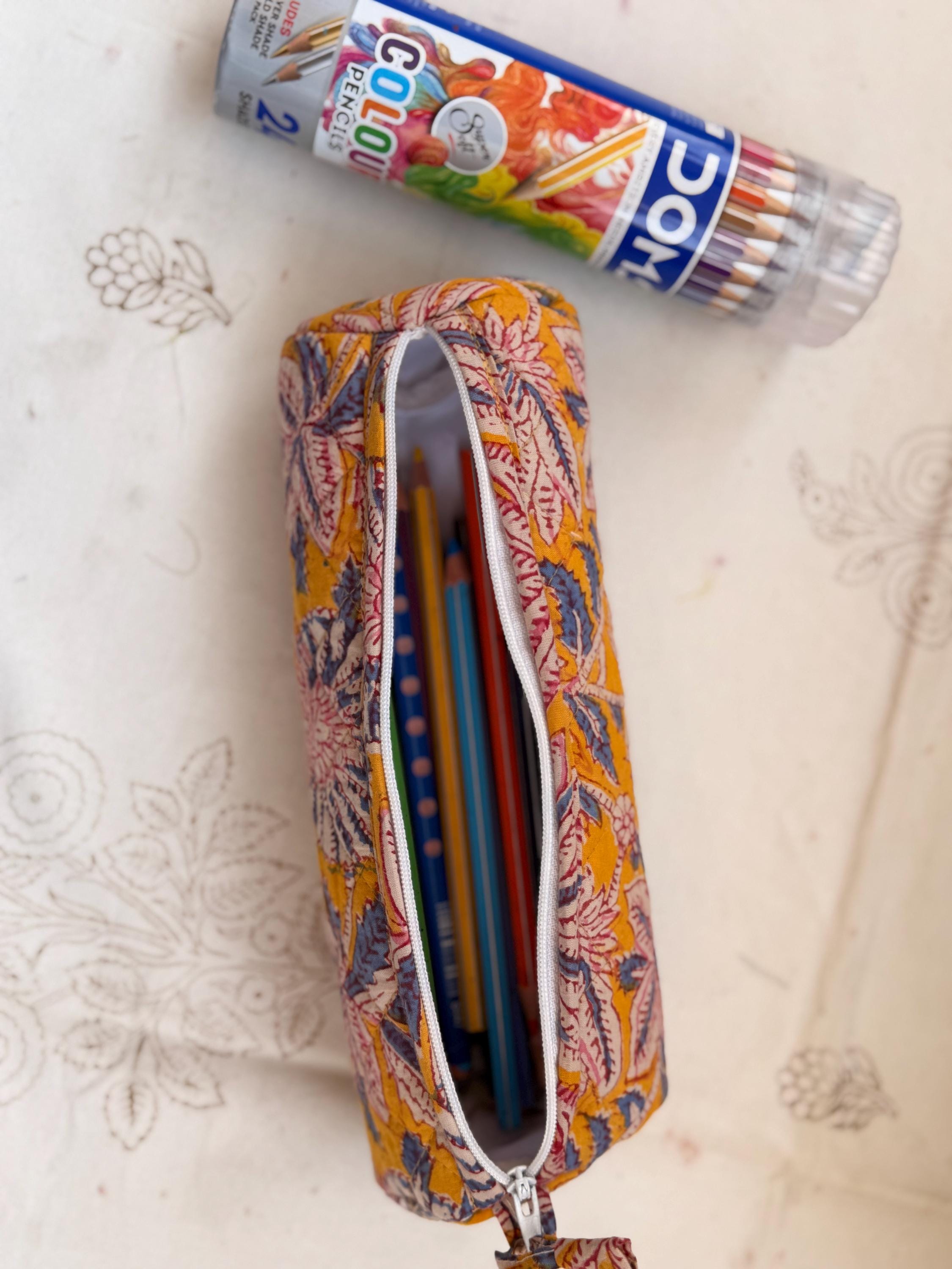 Hand Block Print Cotton Pencil Case, Handmade Zipper Pencil Bag, Stationery Pouch, Eco Friendly School Supplies Organizer