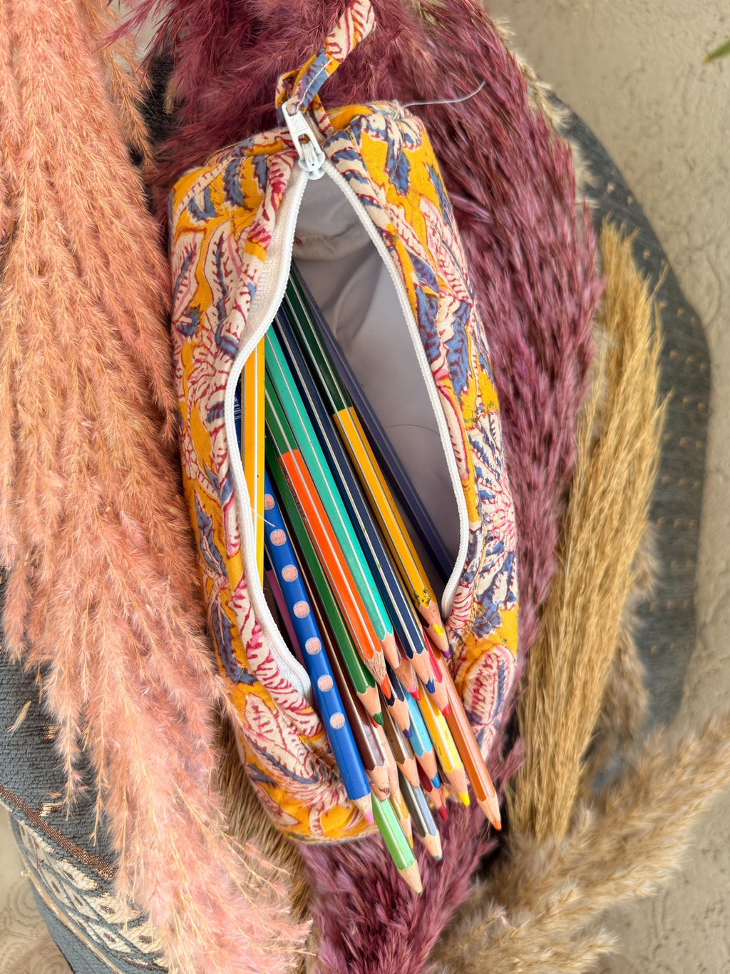 Hand Block Print Cotton Pencil Case, Handmade Zipper Pencil Bag, Stationery Pouch, Eco Friendly School Supplies Organizer