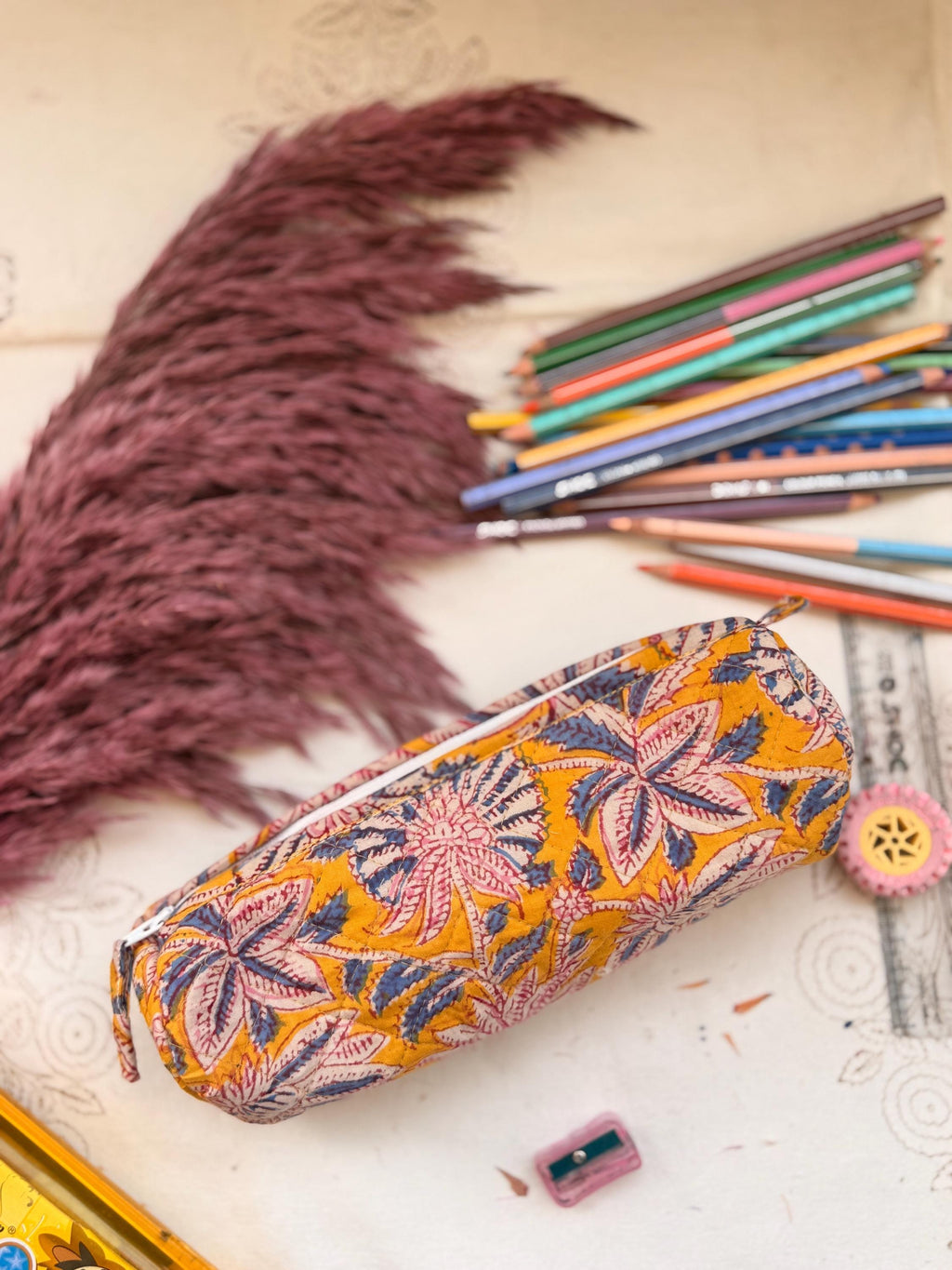 Hand Block Print Cotton Pencil Case, Handmade Zipper Pencil Bag, Stationery Pouch, Eco Friendly School Supplies Organizer