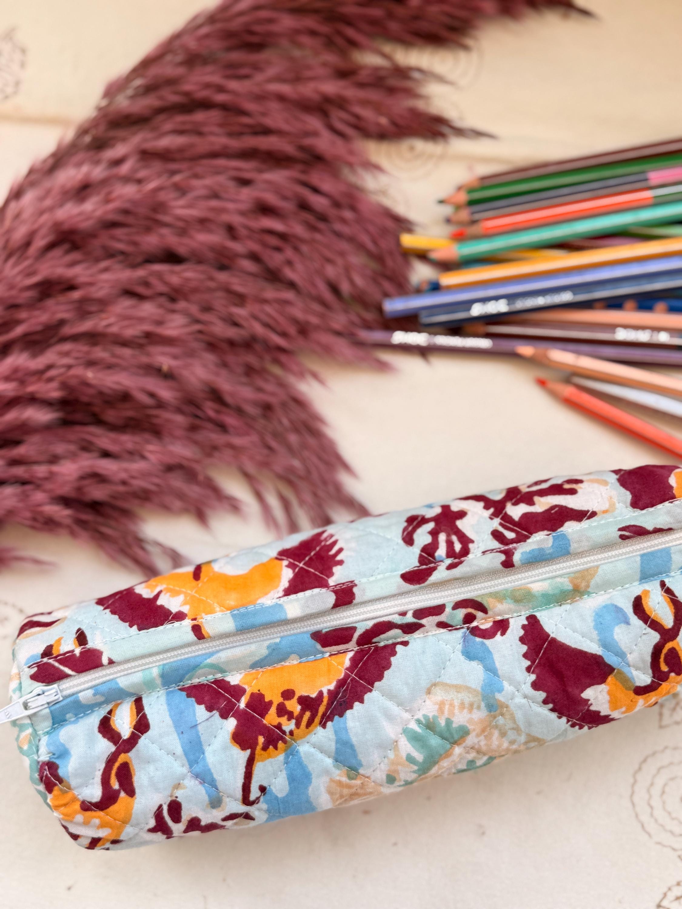 Hand Block Print Cotton Pencil Case, Handmade Zipper Pencil Bag, Stationery Pouch, Eco Friendly School Supplies Organizer