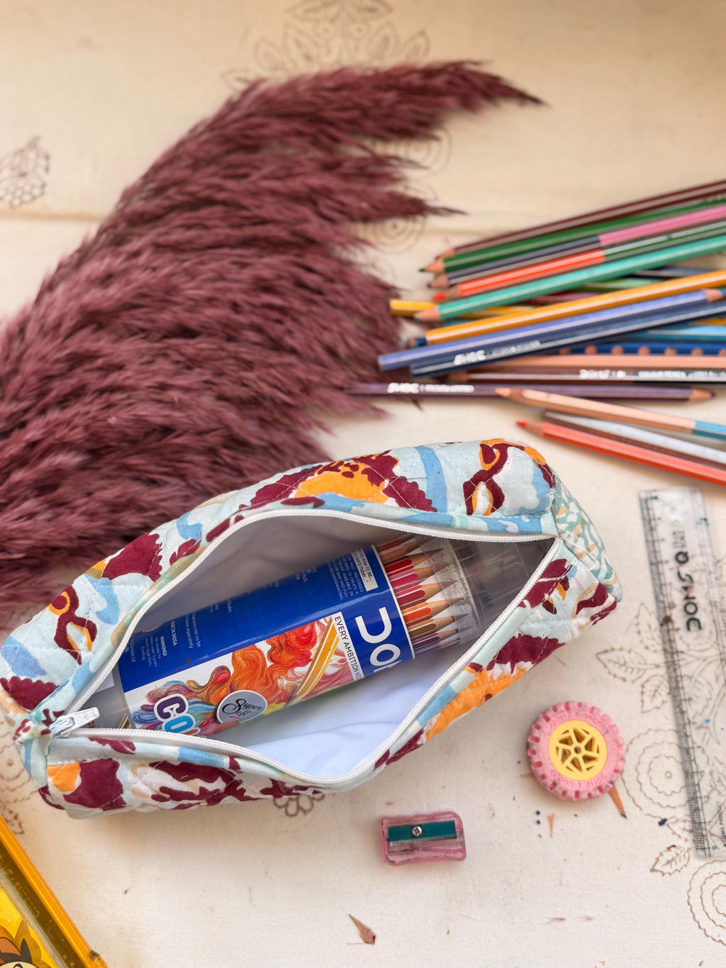 Hand Block Print Cotton Pencil Case, Handmade Zipper Pencil Bag, Stationery Pouch, Eco Friendly School Supplies Organizer