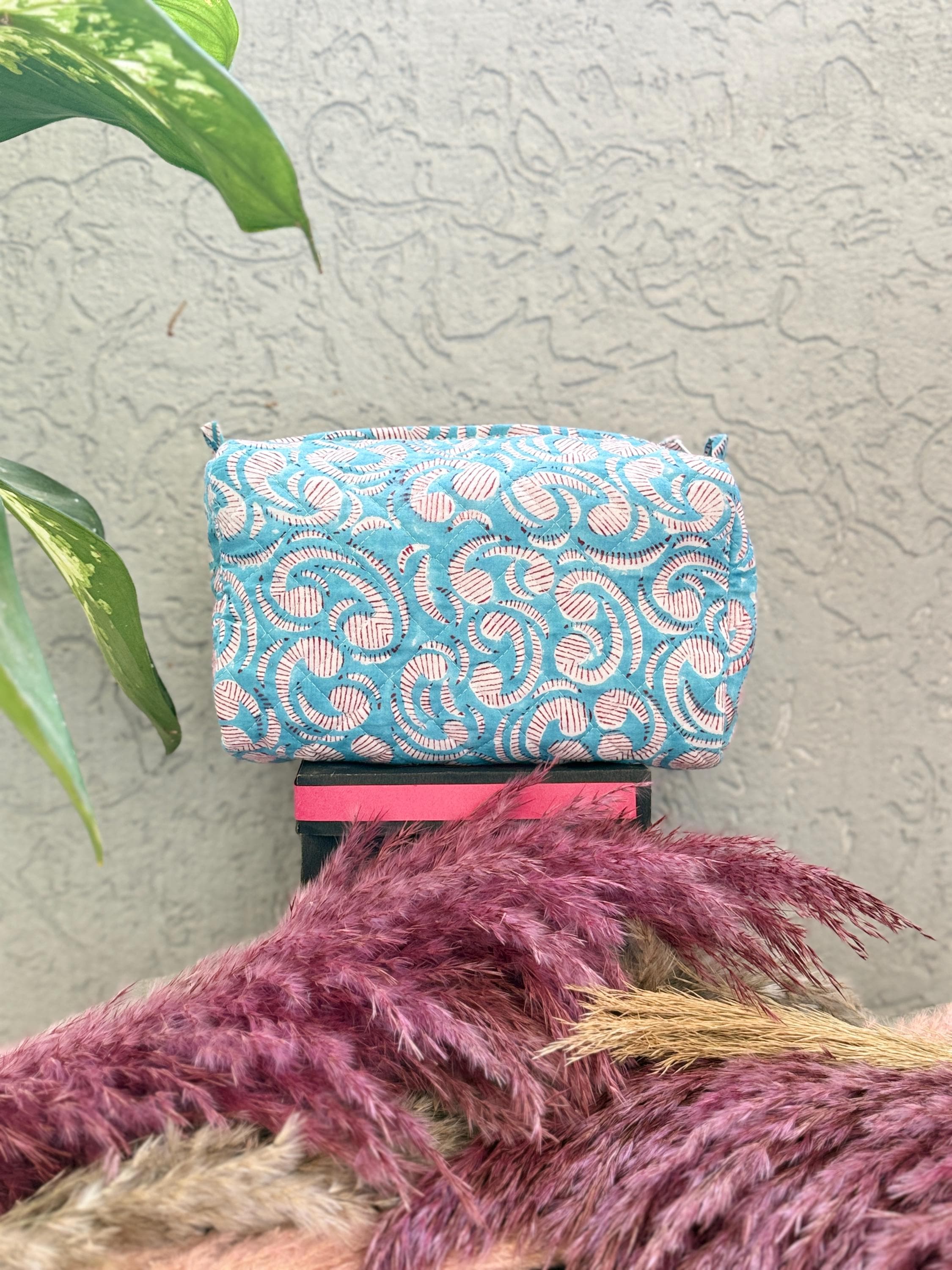 Hand Block Print Cotton Cosmetic Bag, Handmade Travel Pouch, Toiletry Organizer, Unique Handmade Gift