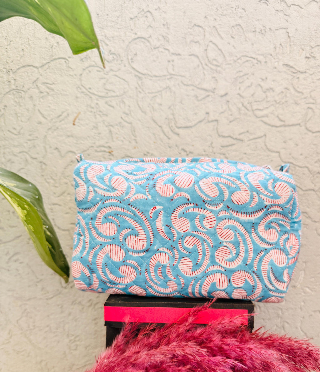 Hand Block Print Cotton Cosmetic Bag, Handmade Travel Pouch, Toiletry Organizer, Unique Handmade Gift