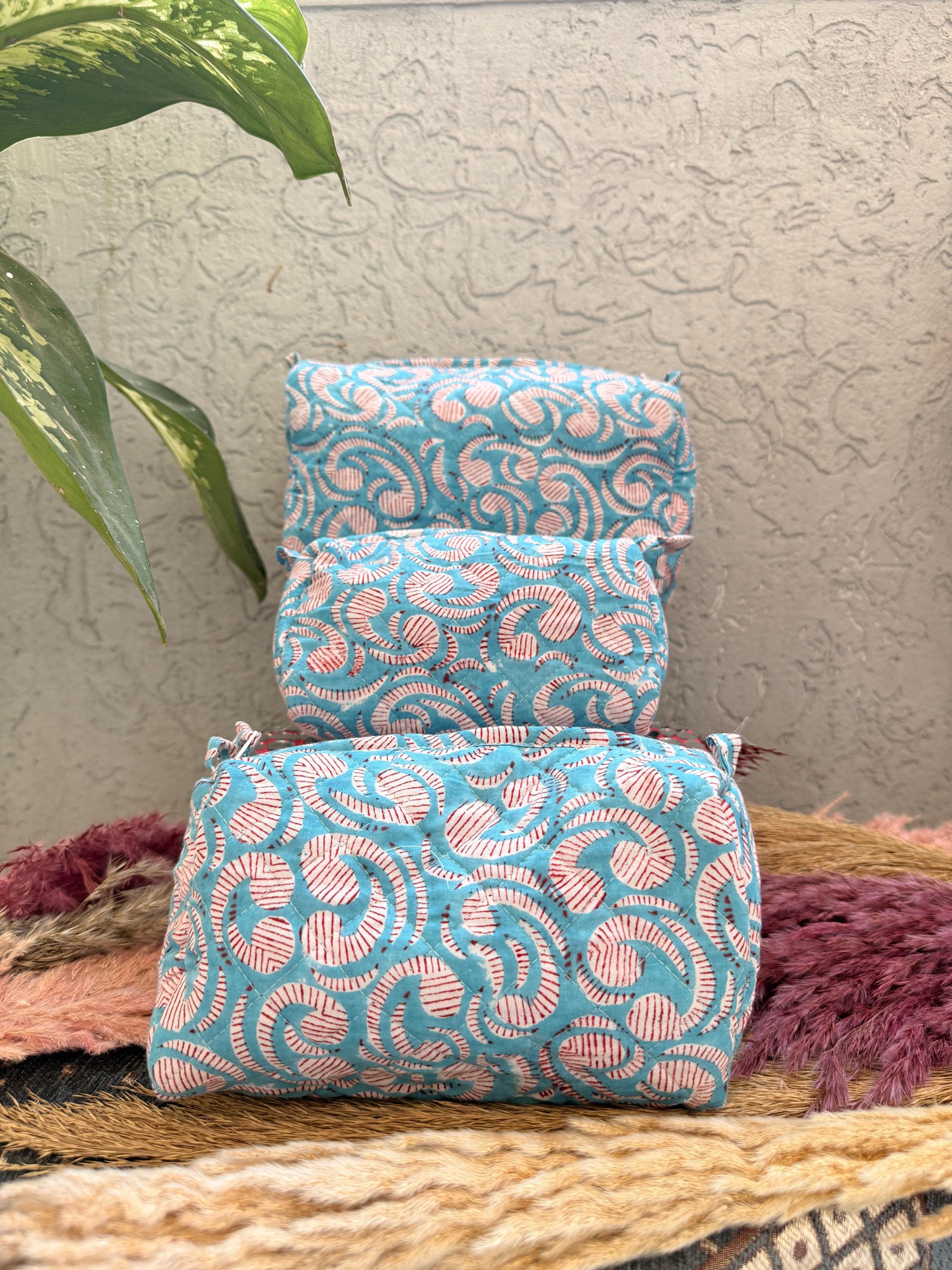 Hand Block Print Cotton Cosmetic Bag, Handmade Travel Pouch, Toiletry Organizer, Unique Handmade Gift