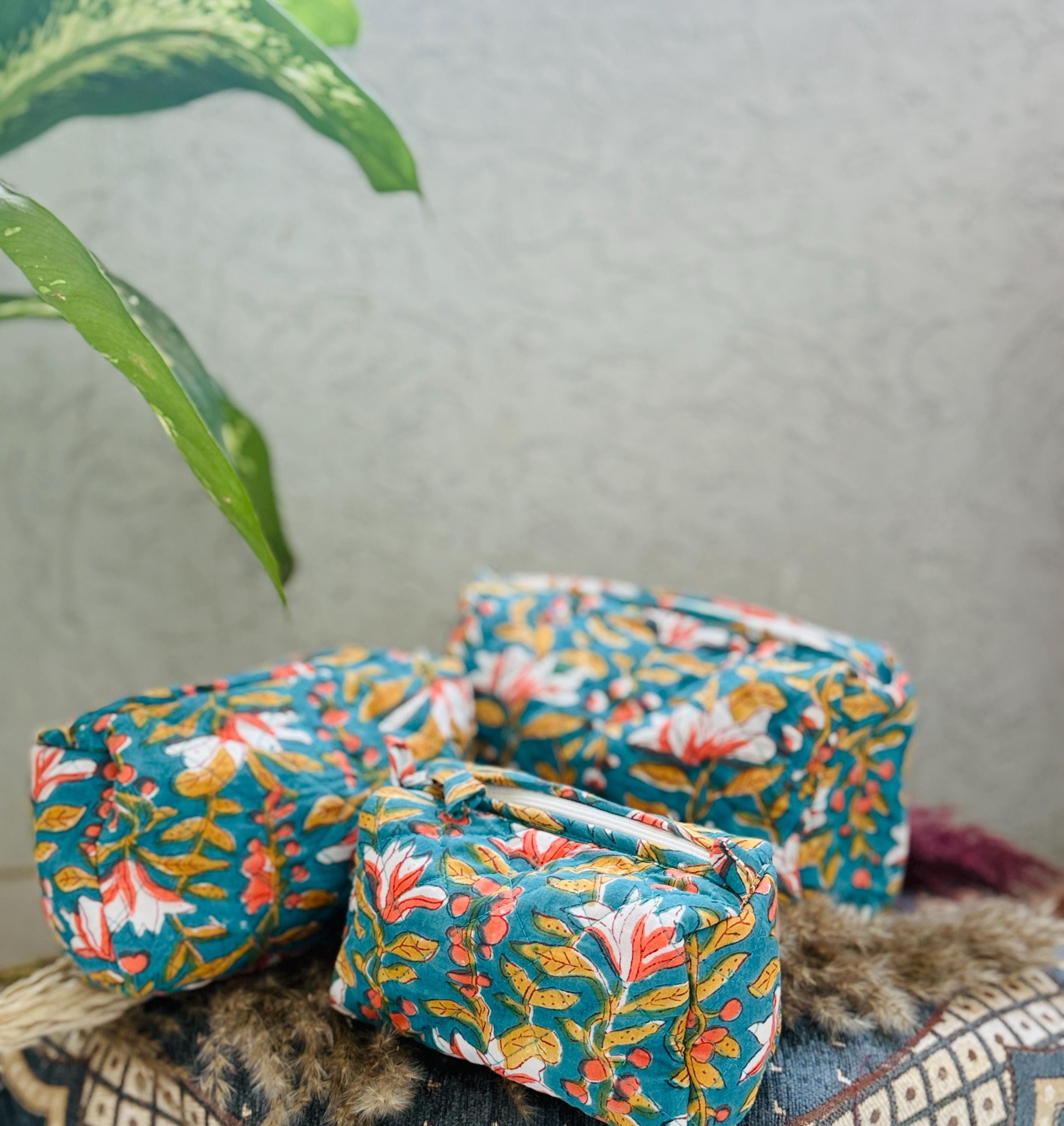 Hand Block Print Cotton Pouch Bag, Handmade Makeup Bag, Toiletry Organizer, Travel Cosmetic Pouch, Sustainable Gift