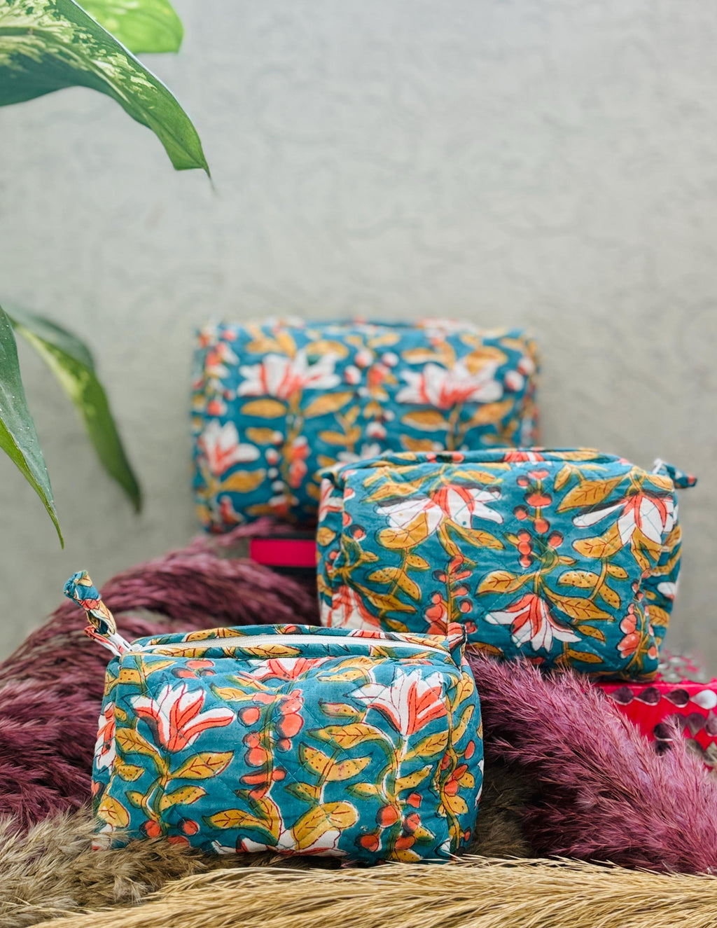 Hand Block Print Cotton Pouch Bag, Handmade Makeup Bag, Toiletry Organizer, Travel Cosmetic Pouch, Sustainable Gift