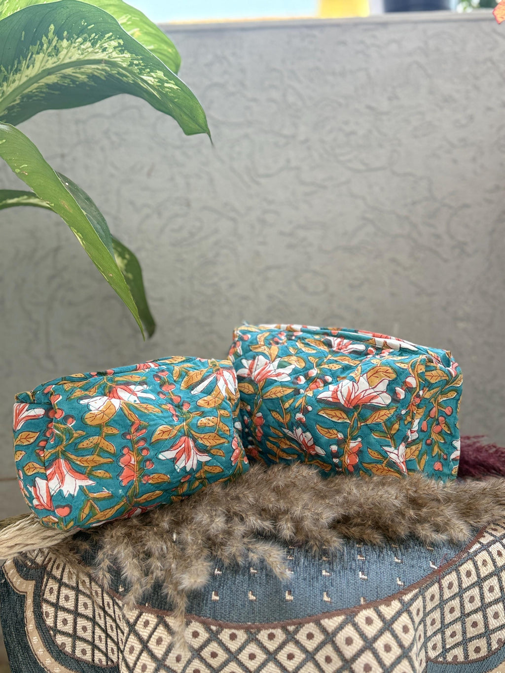 Hand Block Print Cotton Pouch Bag, Handmade Makeup Bag, Toiletry Organizer, Travel Cosmetic Pouch, Sustainable Gift