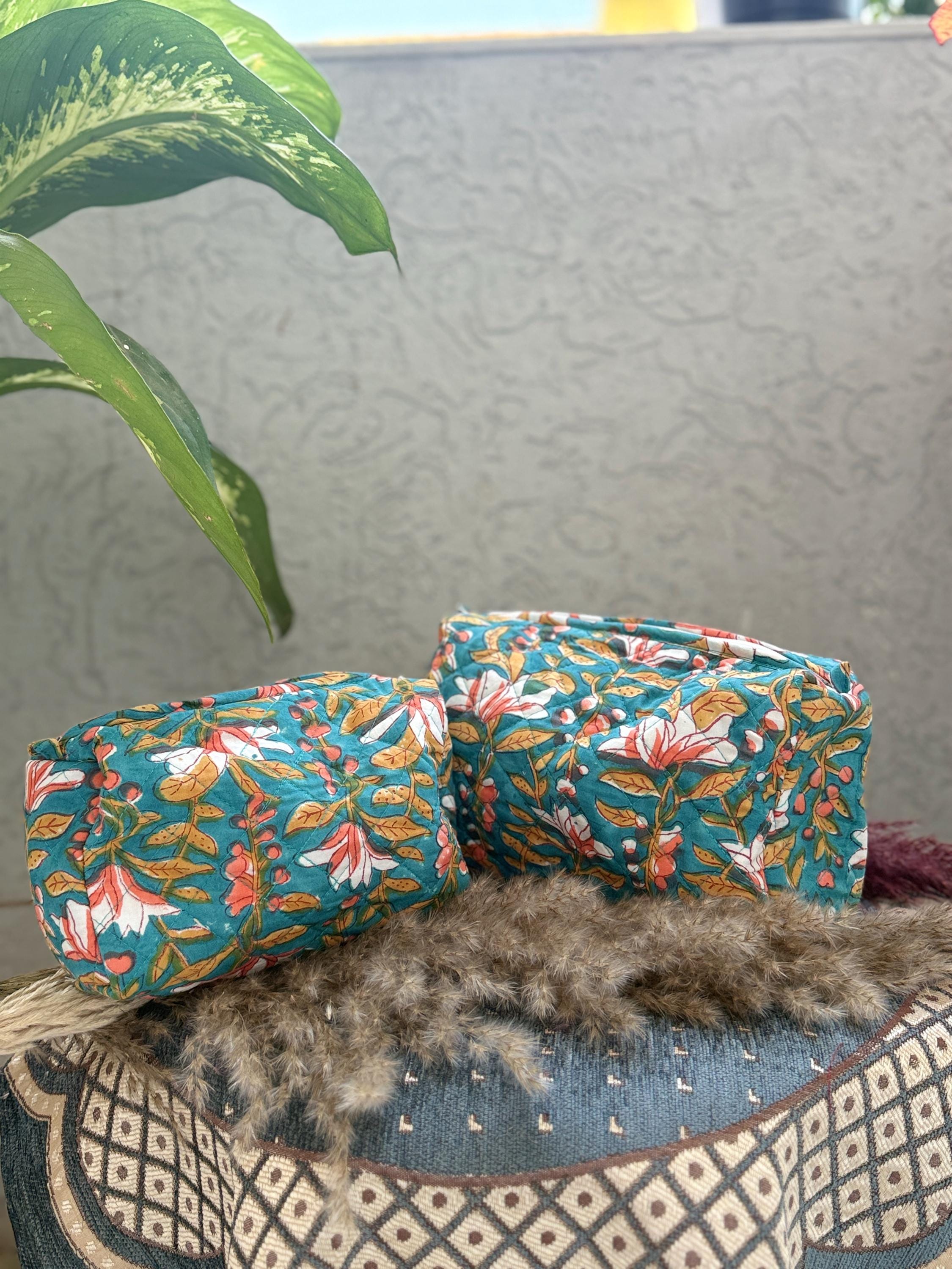 Hand Block Print Cotton Pouch Bag, Handmade Makeup Bag, Toiletry Organizer, Travel Cosmetic Pouch, Sustainable Gift