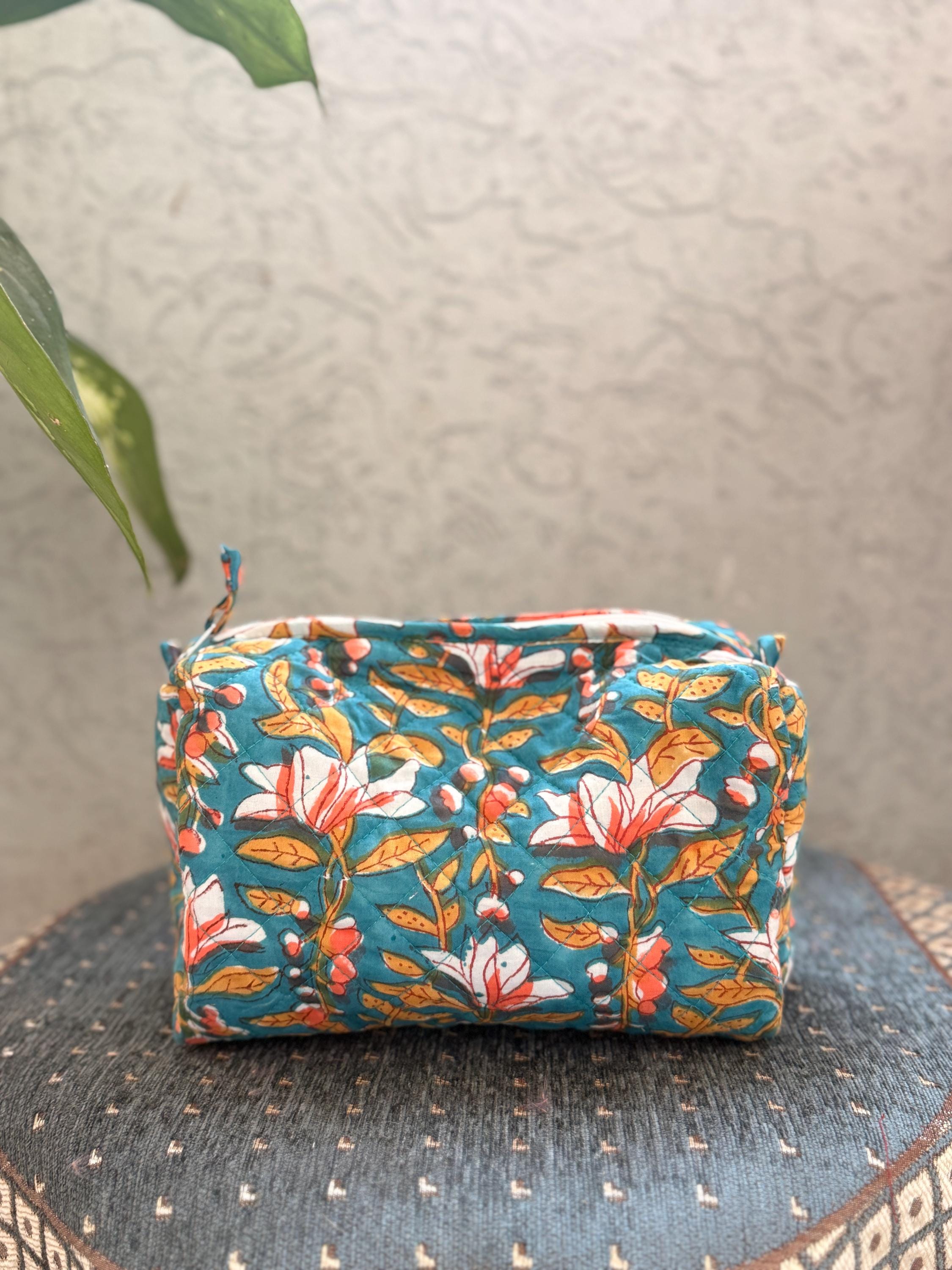 Hand Block Print Cotton Pouch Bag, Handmade Makeup Bag, Toiletry Organizer, Travel Cosmetic Pouch, Sustainable Gift