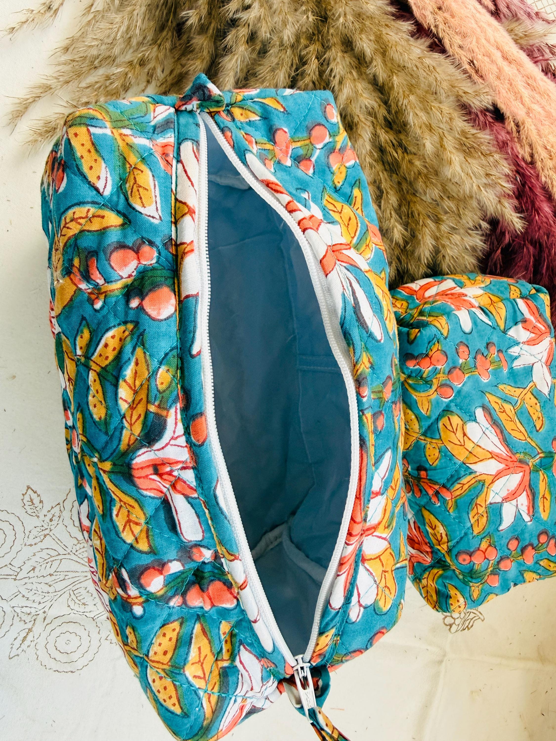 Hand Block Print Cotton Pouch Bag, Handmade Makeup Bag, Toiletry Organizer, Travel Cosmetic Pouch, Sustainable Gift