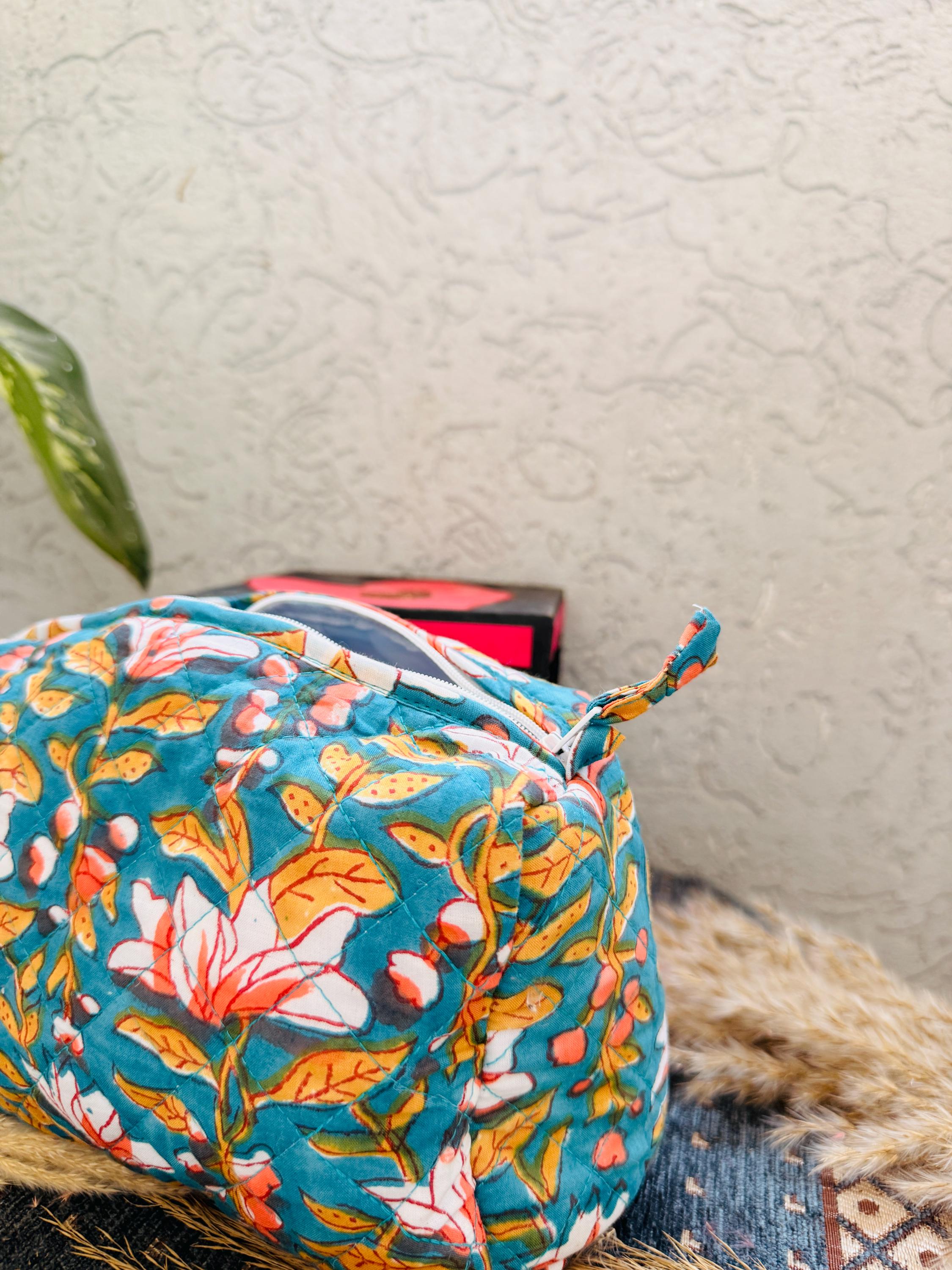 Hand Block Print Cotton Pouch Bag, Handmade Makeup Bag, Toiletry Organizer, Travel Cosmetic Pouch, Sustainable Gift